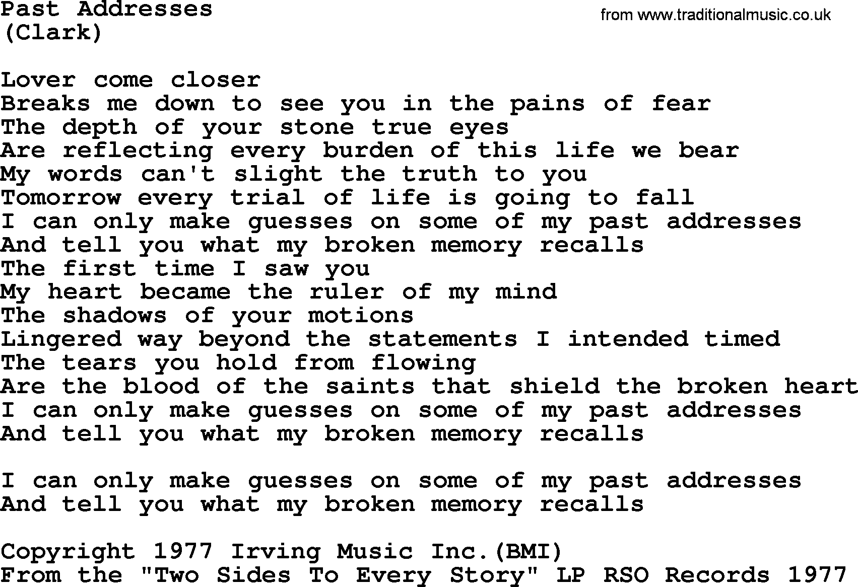 The Byrds song Past Addresses, lyrics