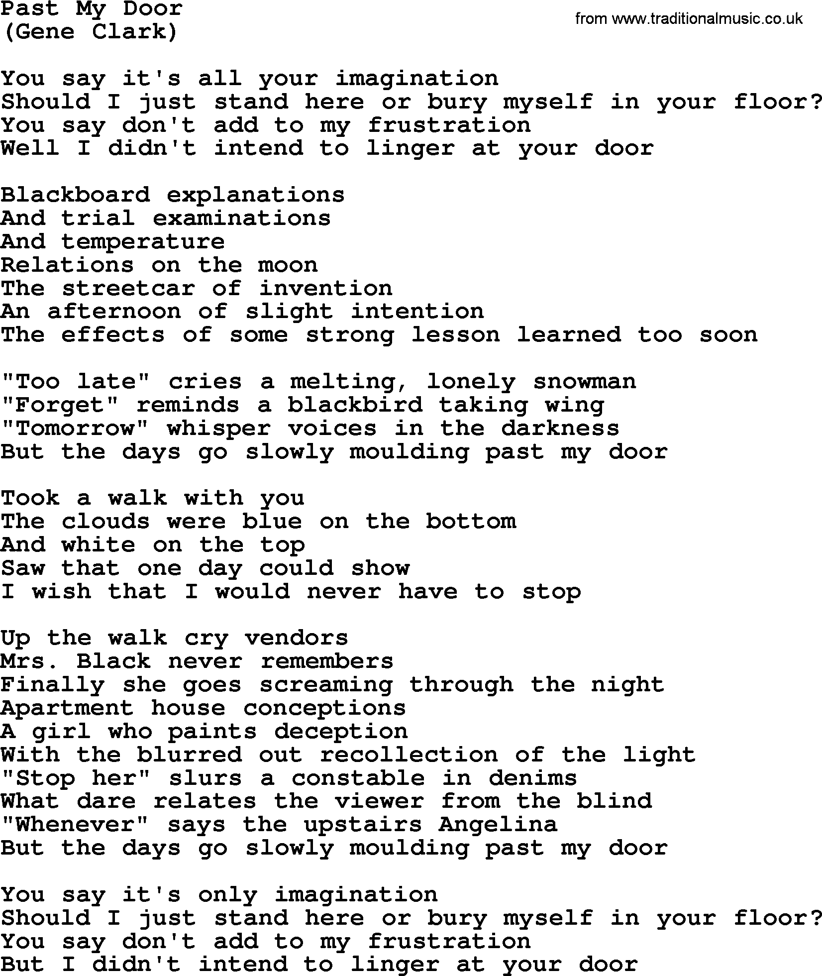 The Byrds song Past My Door, lyrics