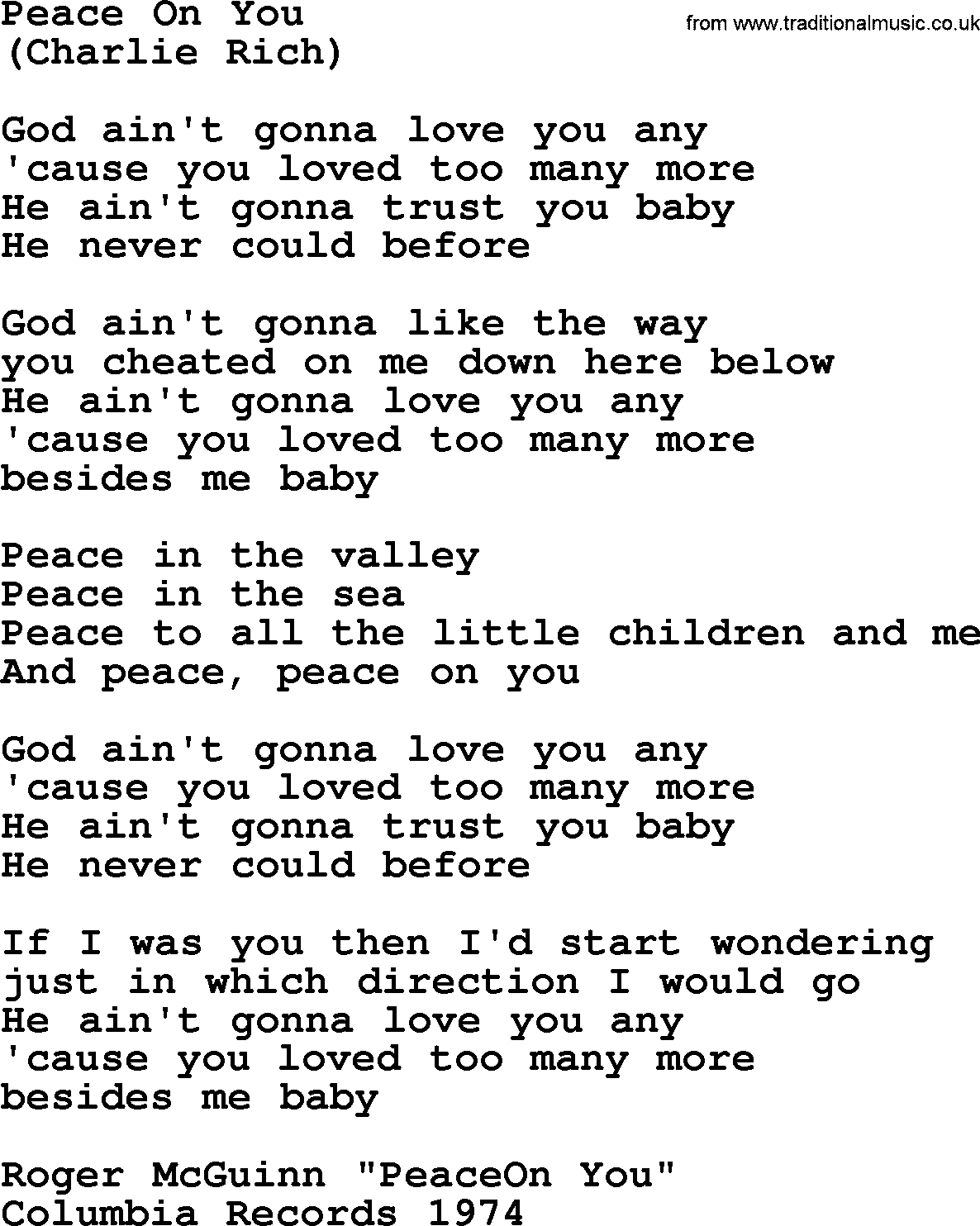 The Byrds song Peace On You, lyrics