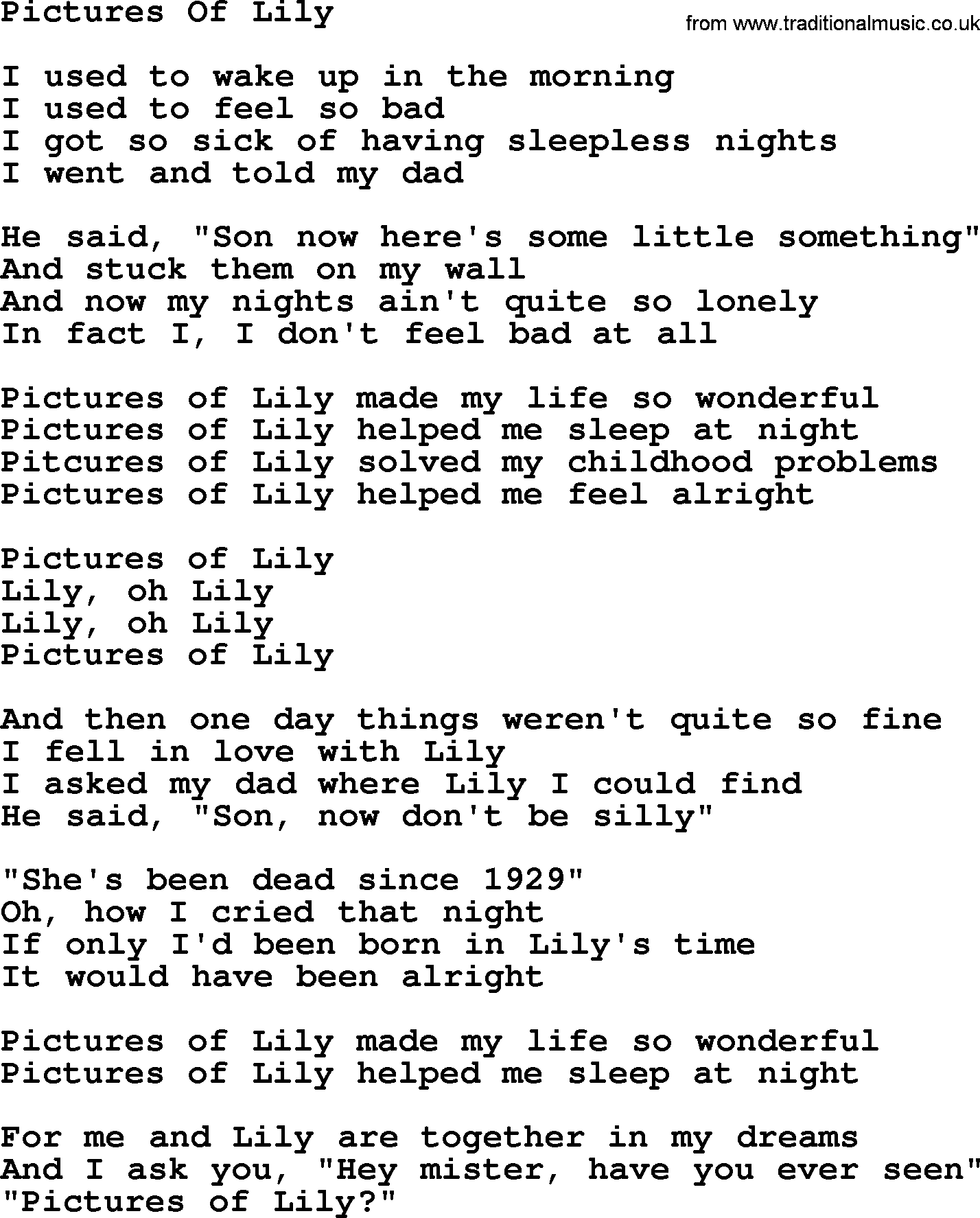 The Byrds song Pictures Of Lily, lyrics