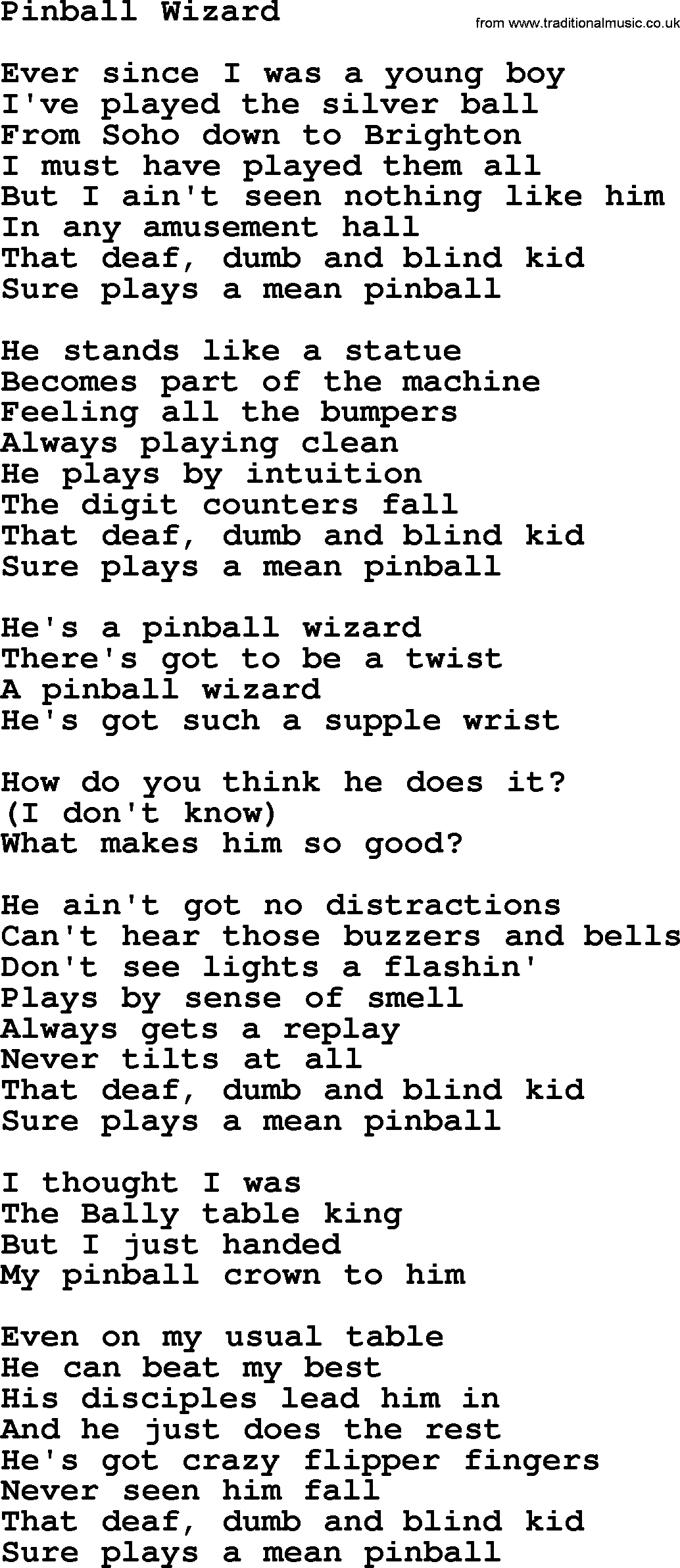 The Byrds song Pinball Wizard, lyrics
