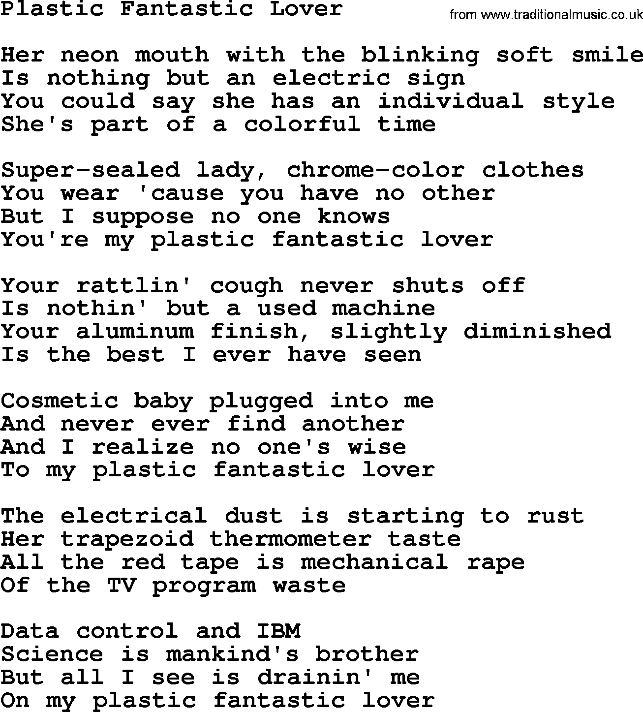 The Byrds song Plastic Fantastic Lover, lyrics
