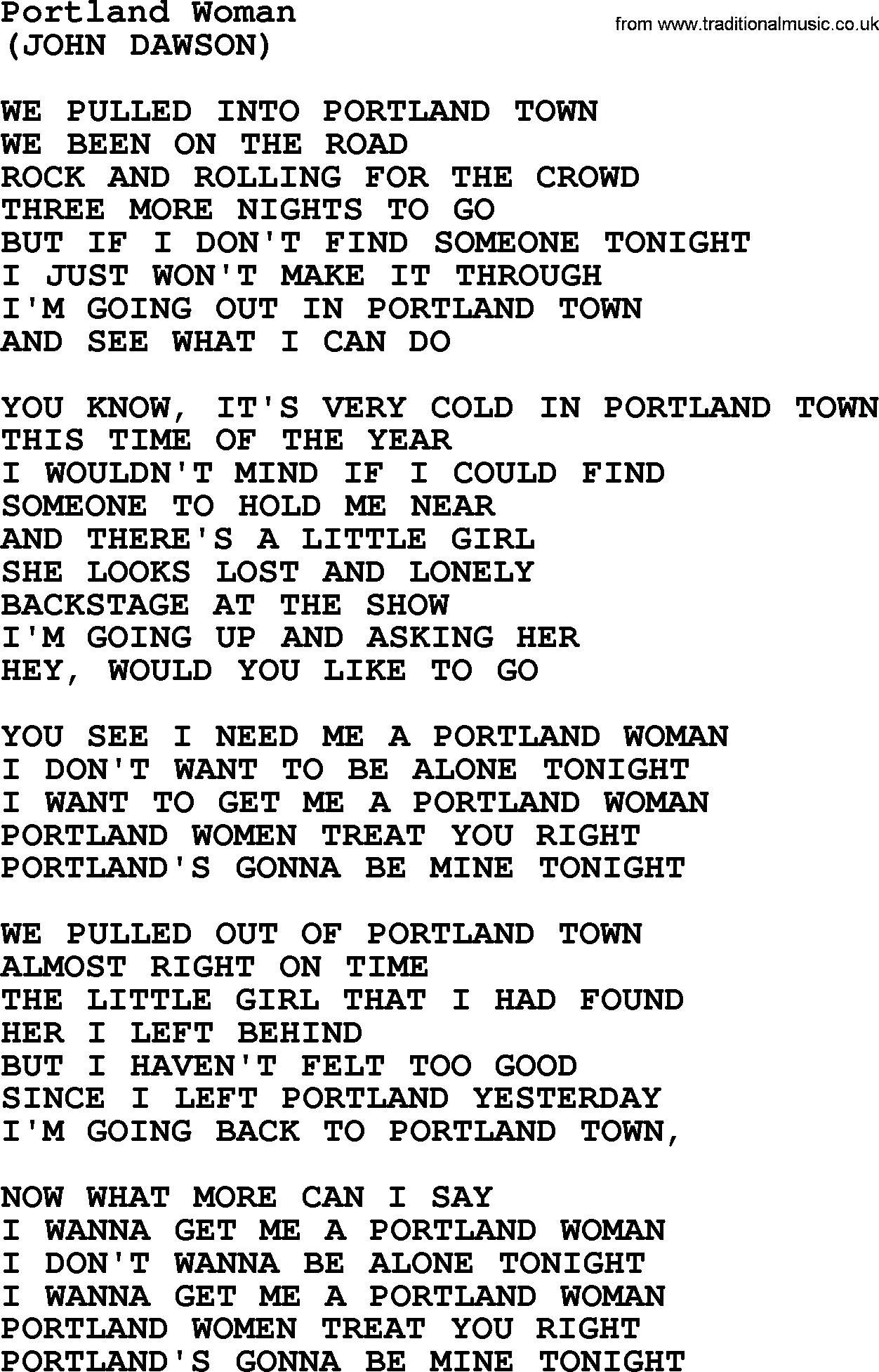The Byrds song Portland Woman, lyrics