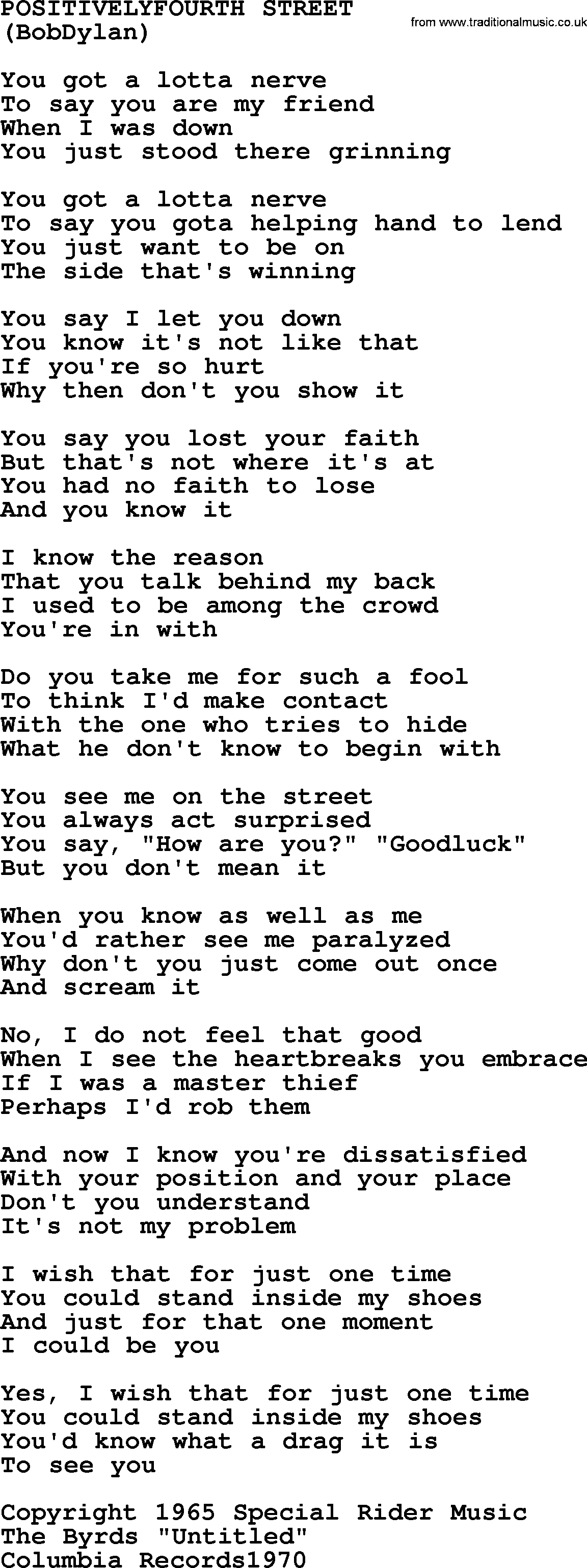 The Byrds song Positivelyfourth Street, lyrics