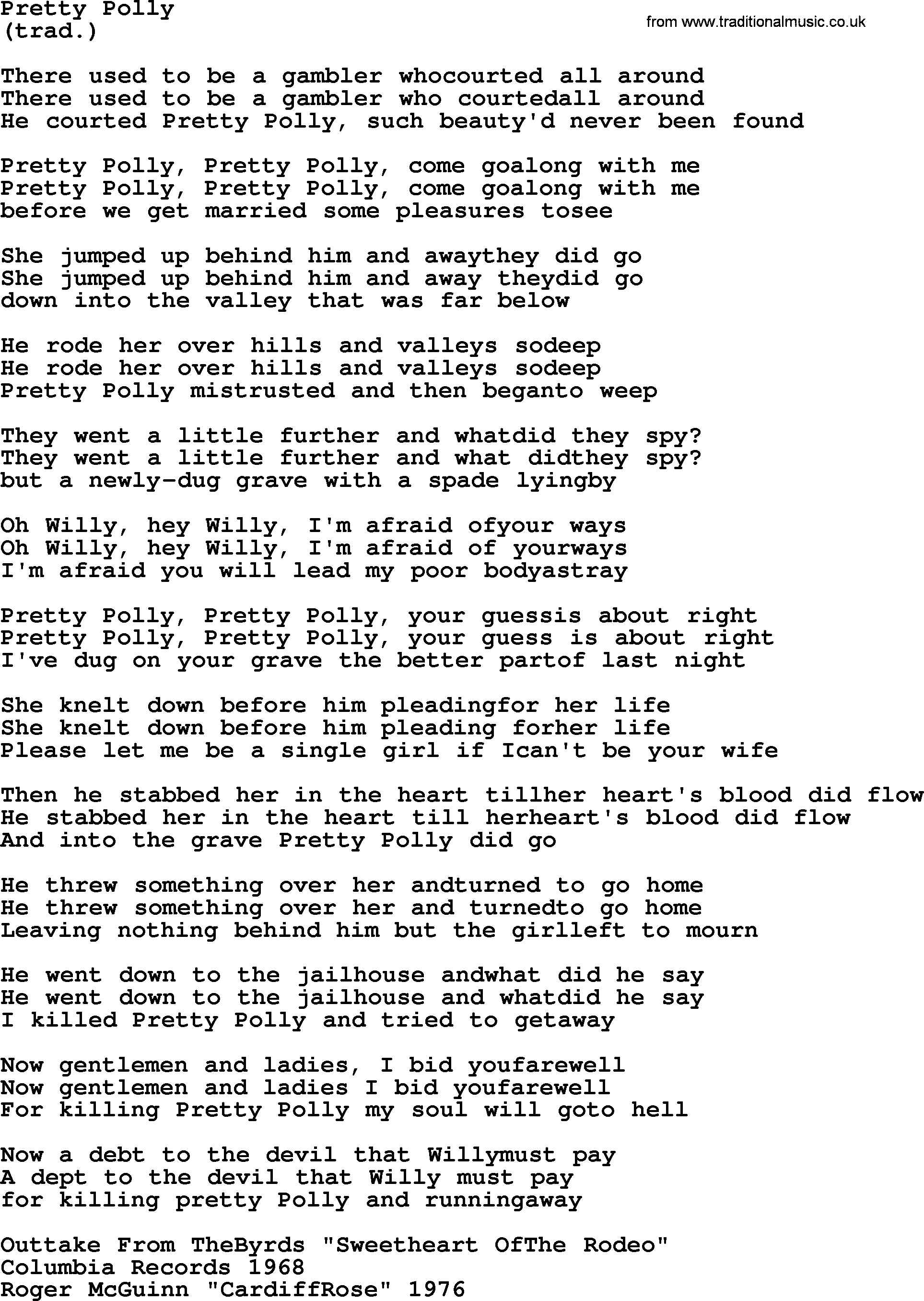 The Byrds song Pretty Polly, lyrics