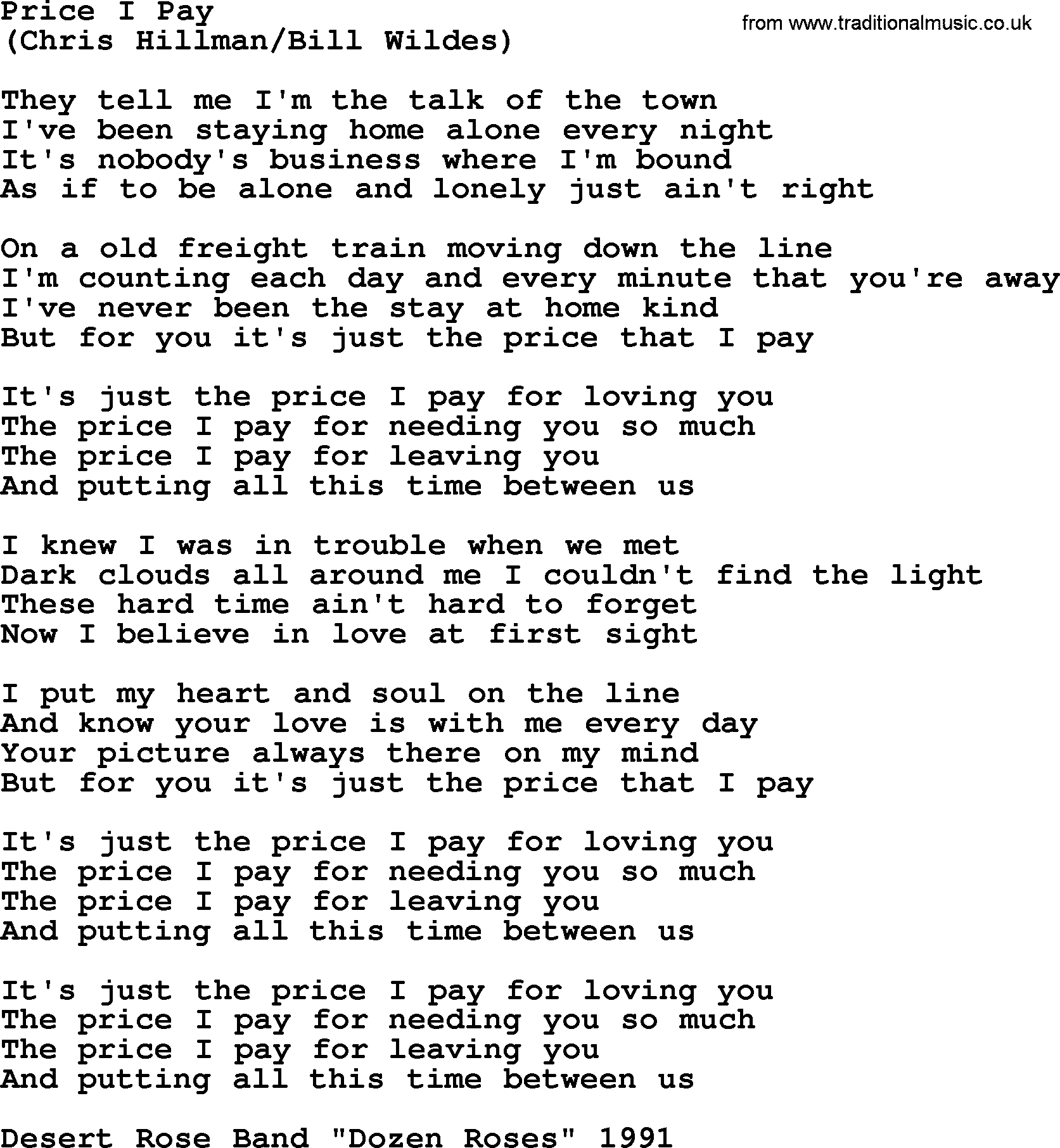 The Byrds song Price I Pay, lyrics