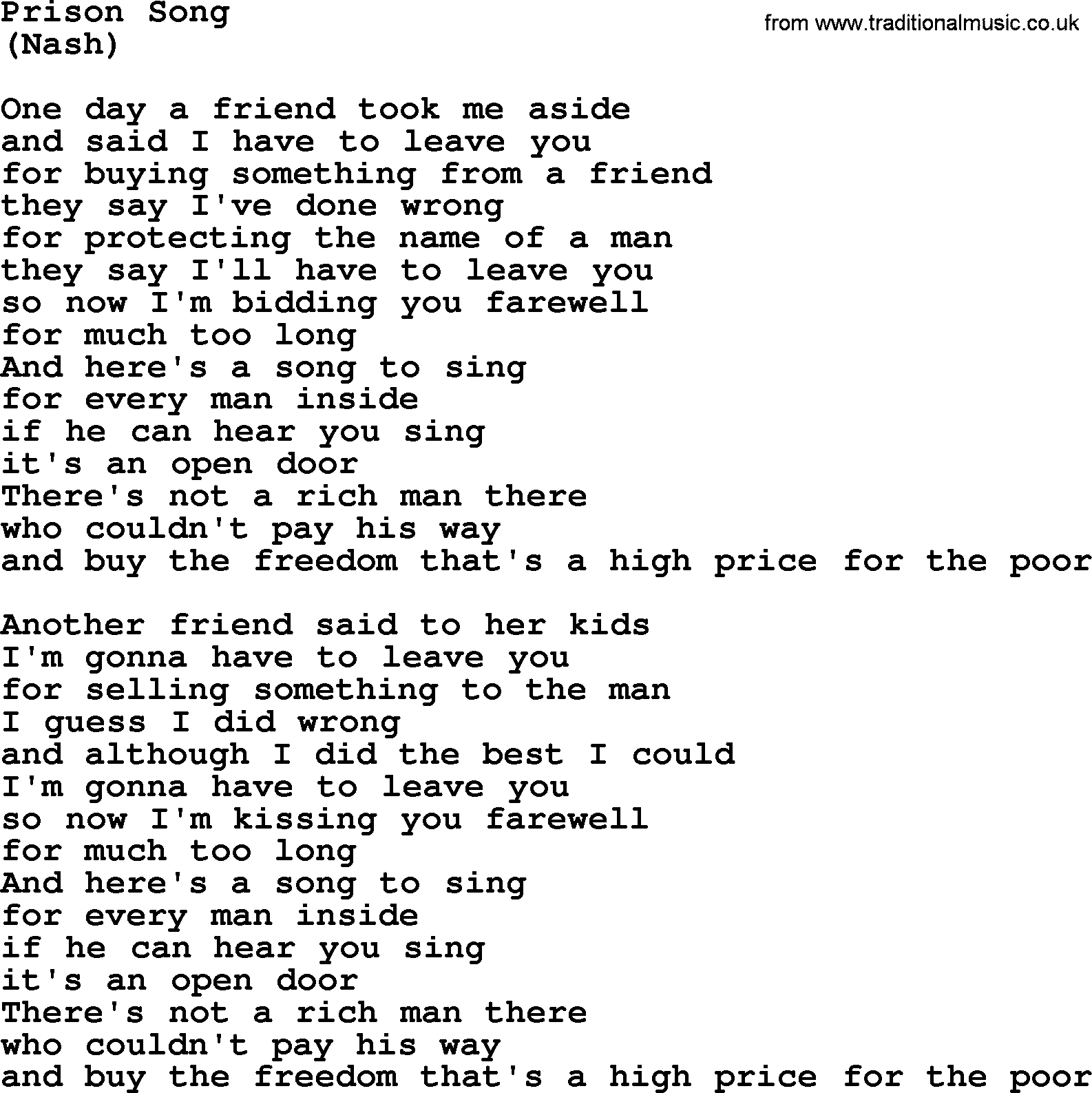 The Byrds song Prison Song, lyrics