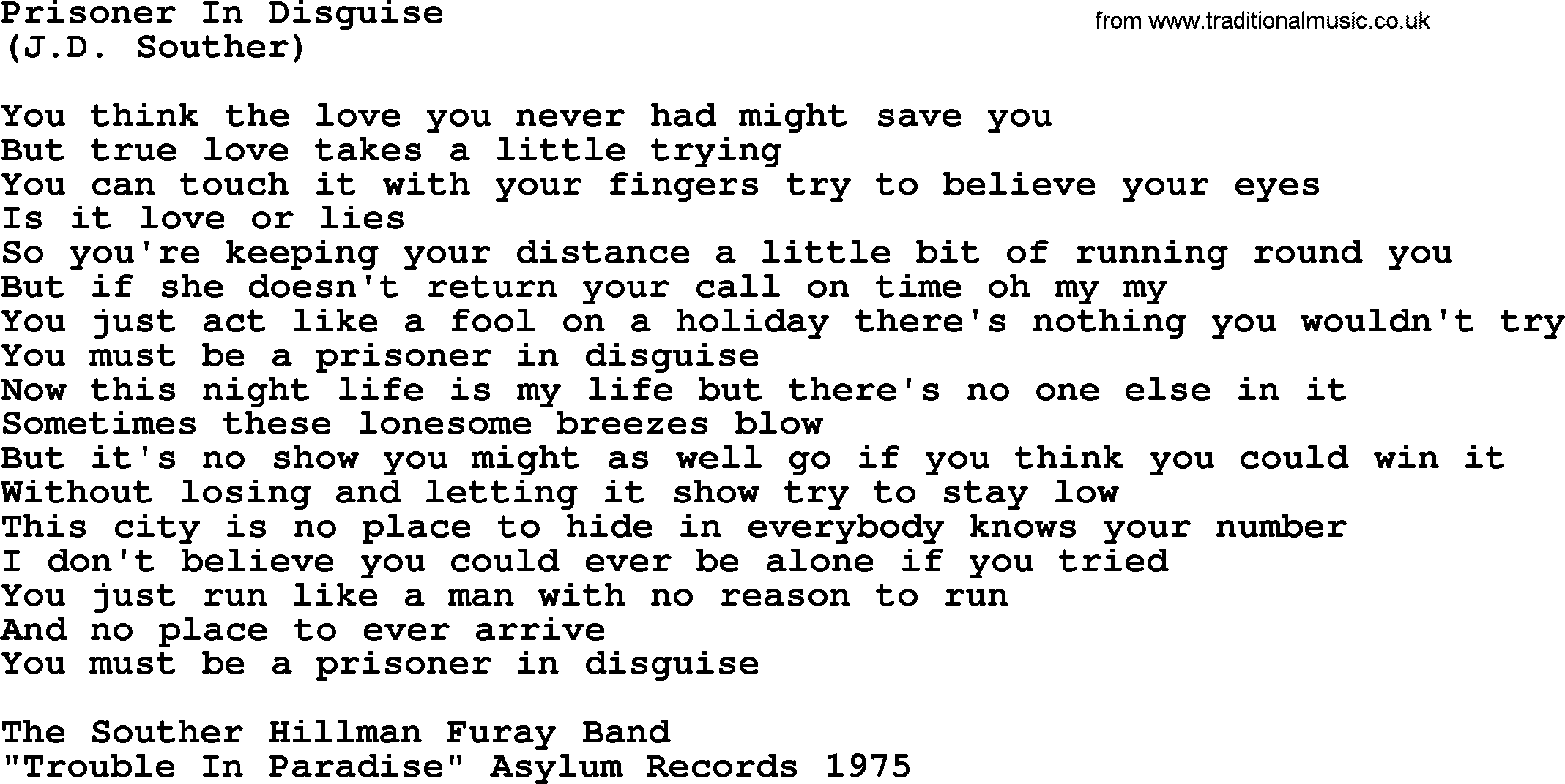 The Byrds song Prisoner In Disguise, lyrics
