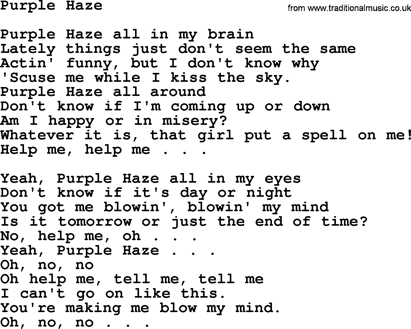 The Byrds song Purple Haze, lyrics