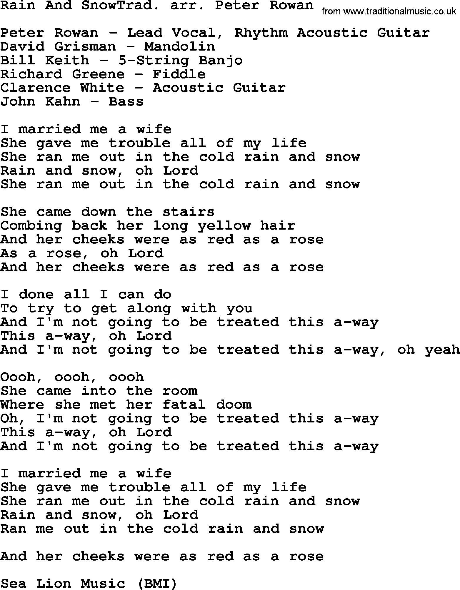The Byrds song Rain And Snowtrad  Arr  Peter Rowan, lyrics