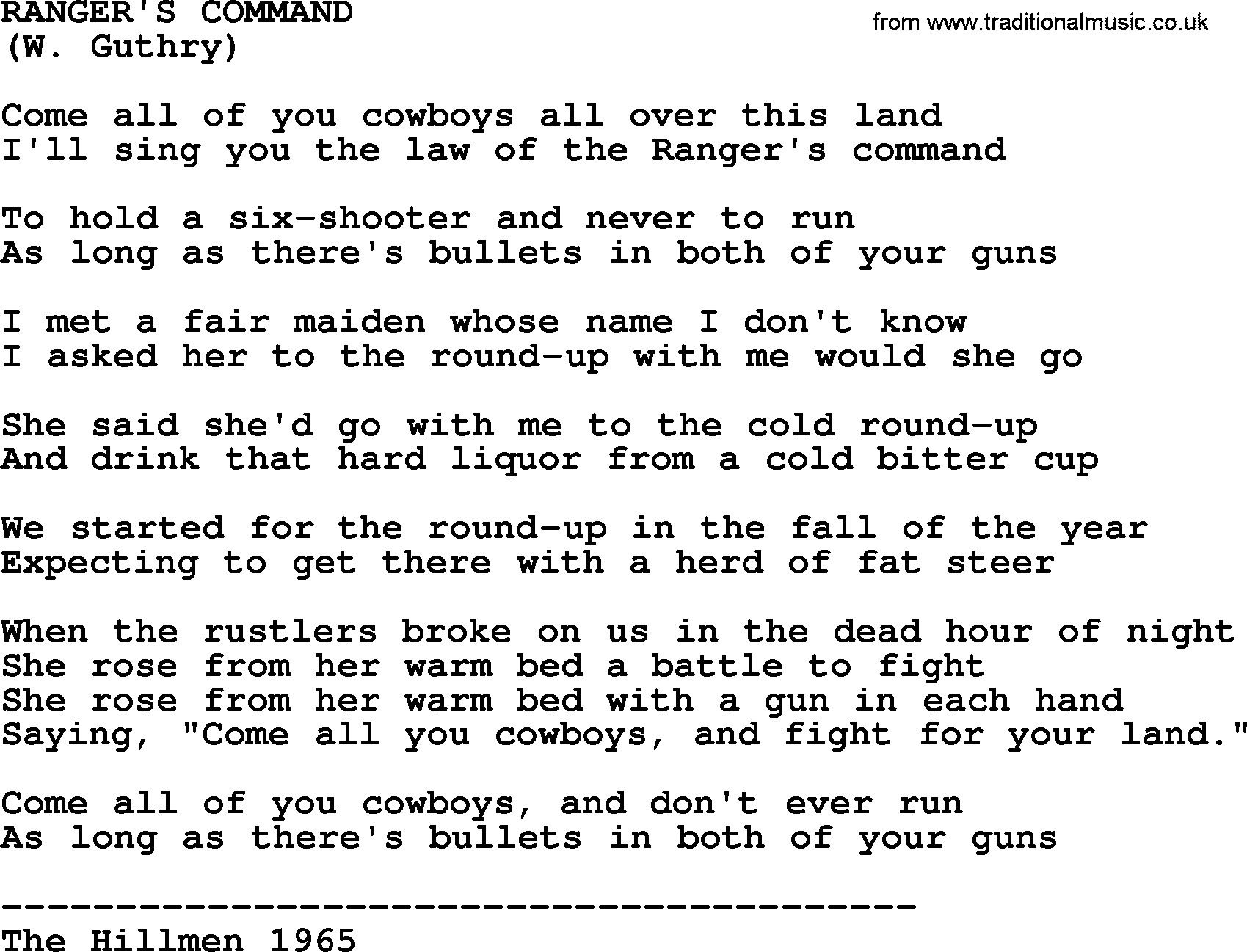 The Byrds song Ranger's Command, lyrics