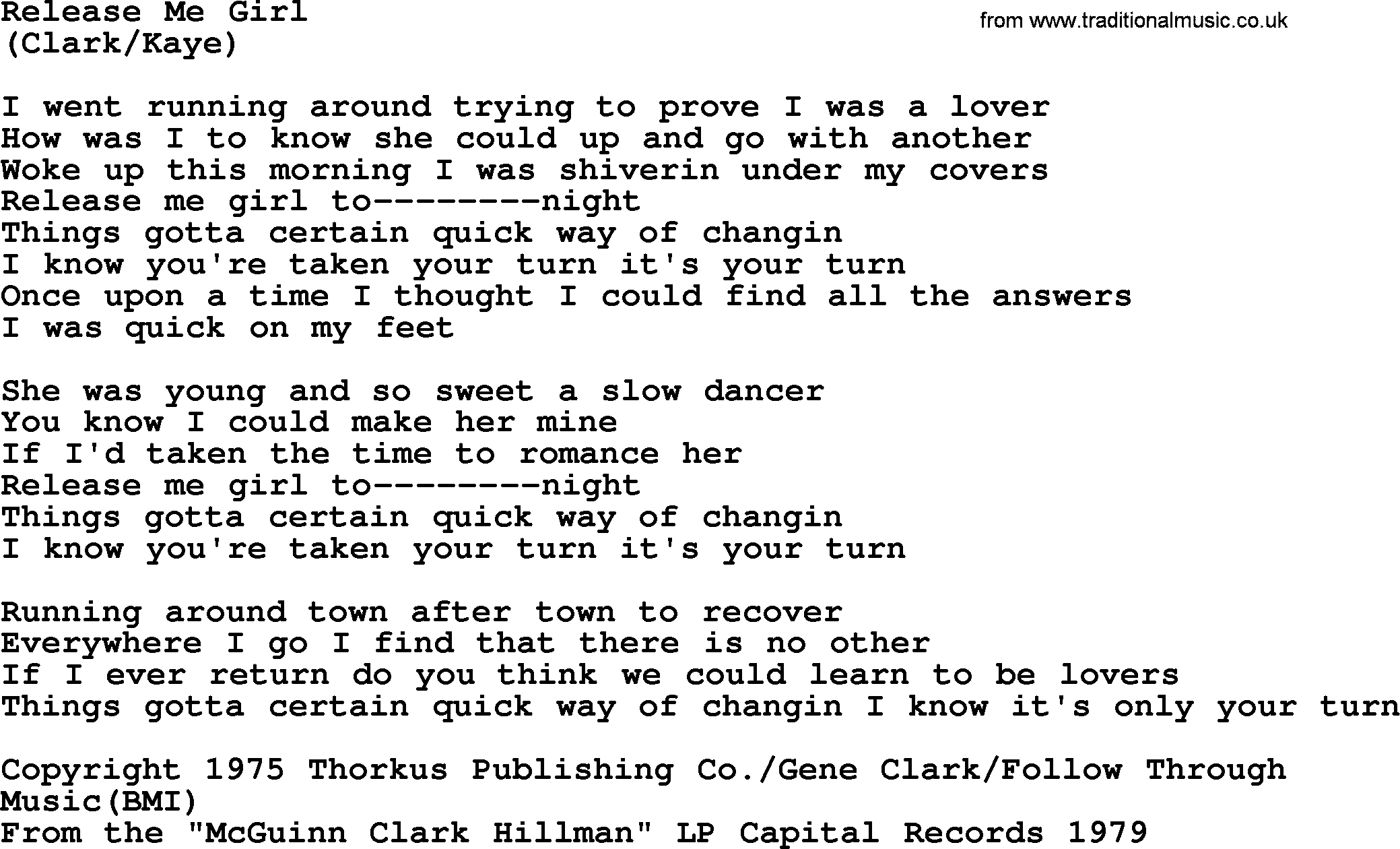 The Byrds song Release Me Girl, lyrics