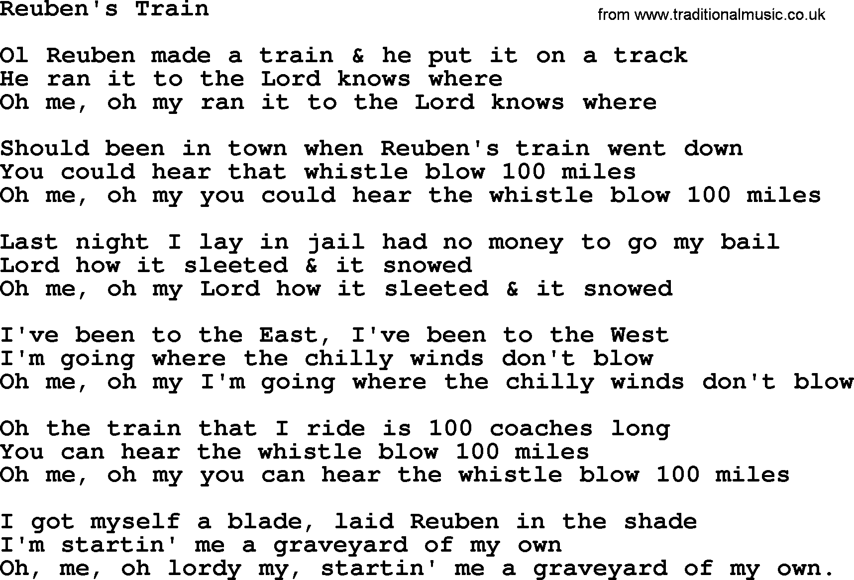 The Byrds song Reuben's Train, lyrics