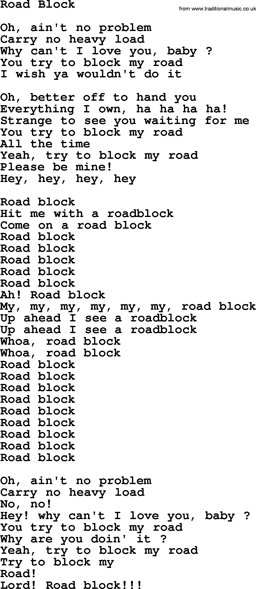 The Byrds song Road Block, lyrics