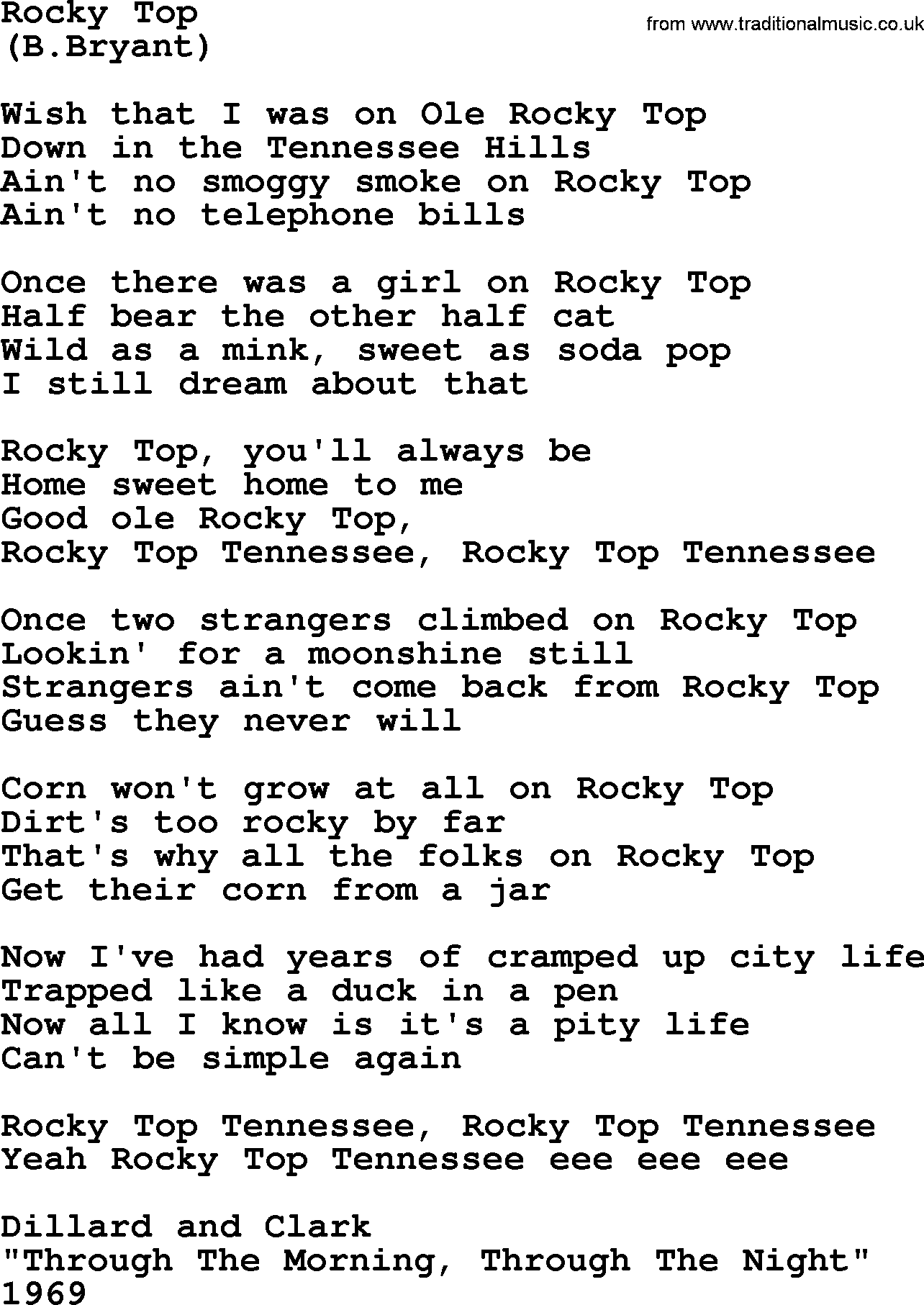 The Byrds song Rocky Top, lyrics
