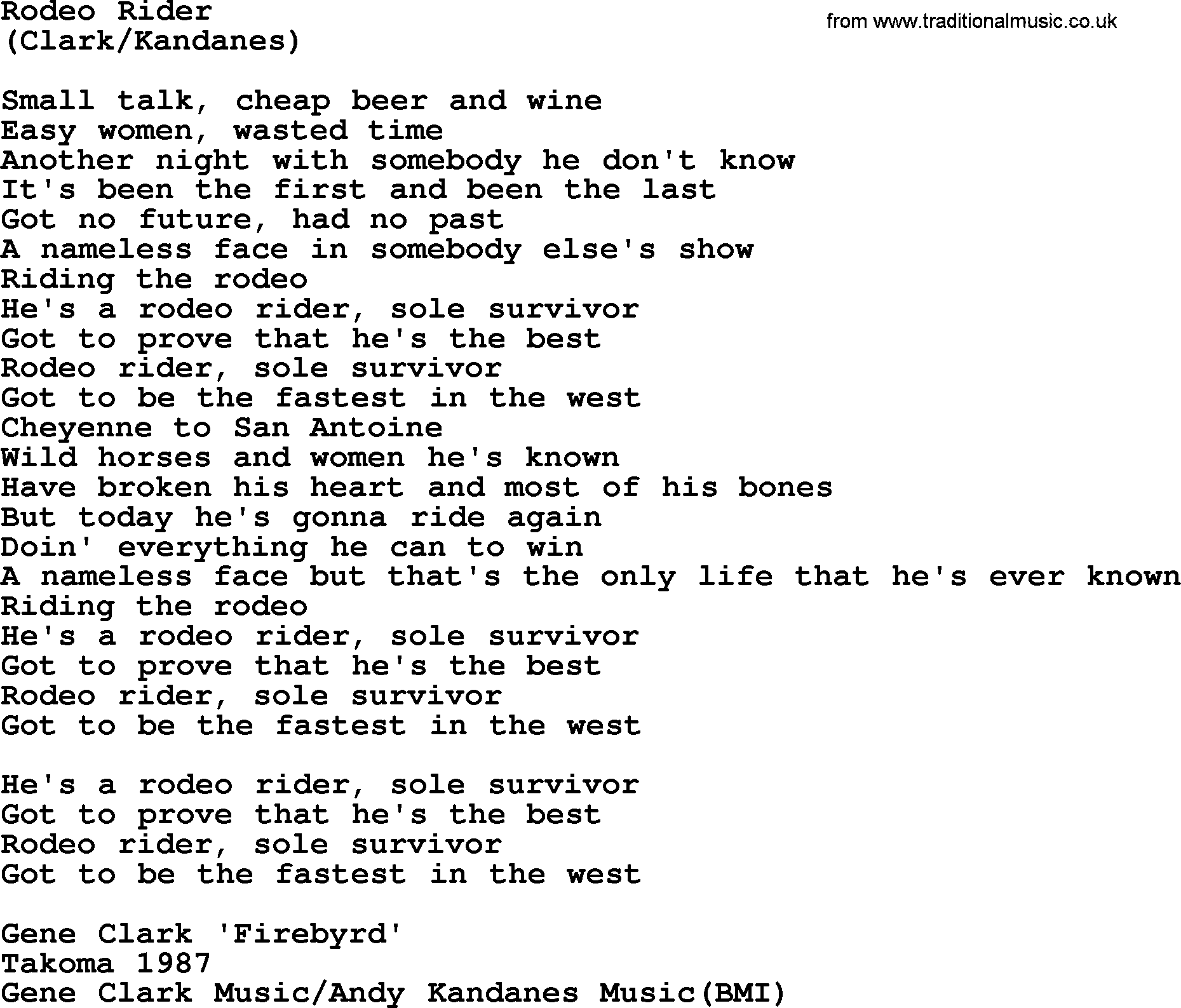 The Byrds song Rodeo Rider, lyrics