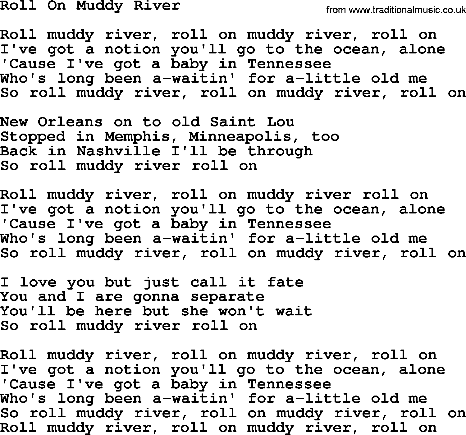 The Byrds song Roll On Muddy River, lyrics