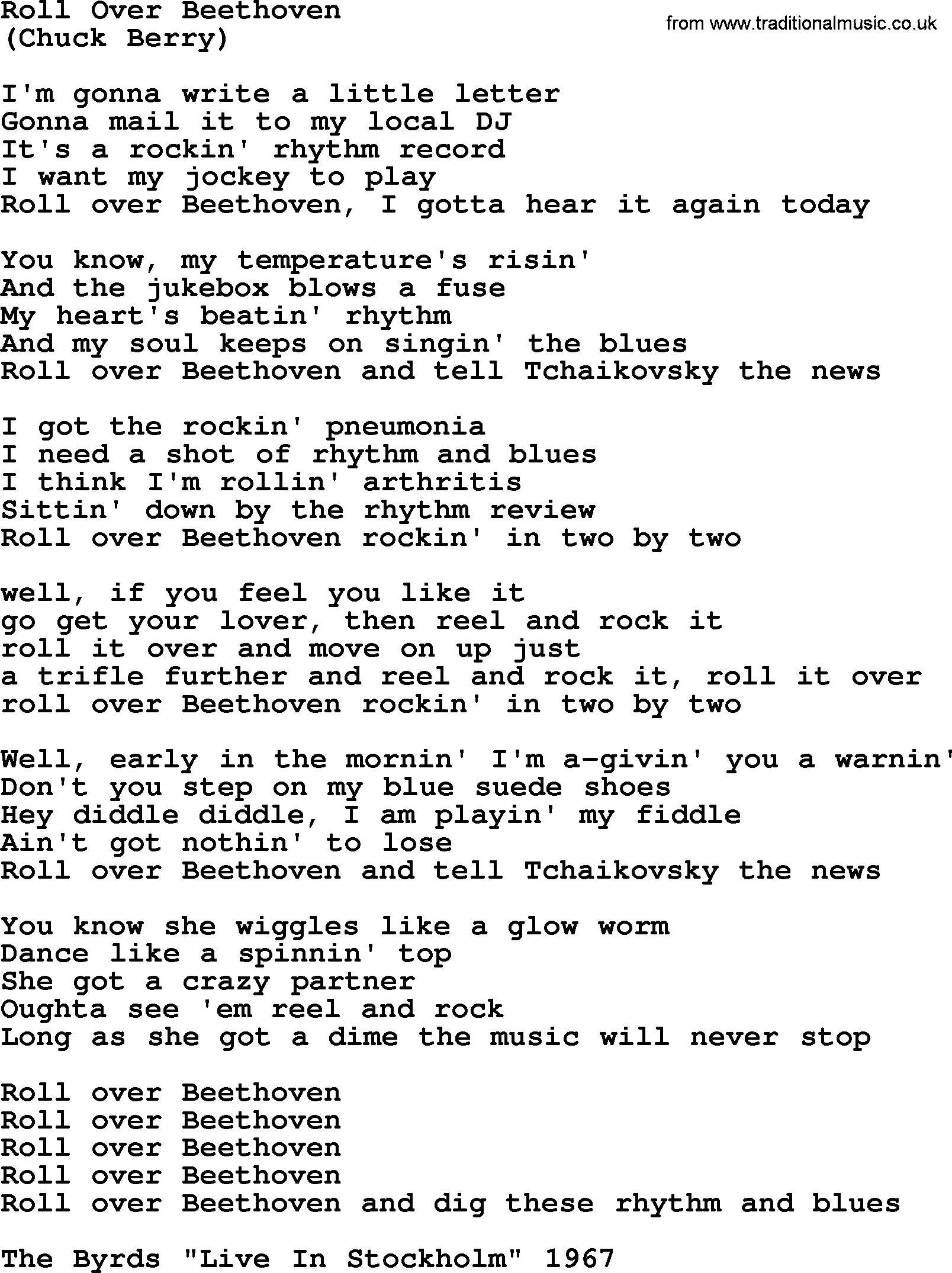 The Byrds song Roll Over Beethoven, lyrics