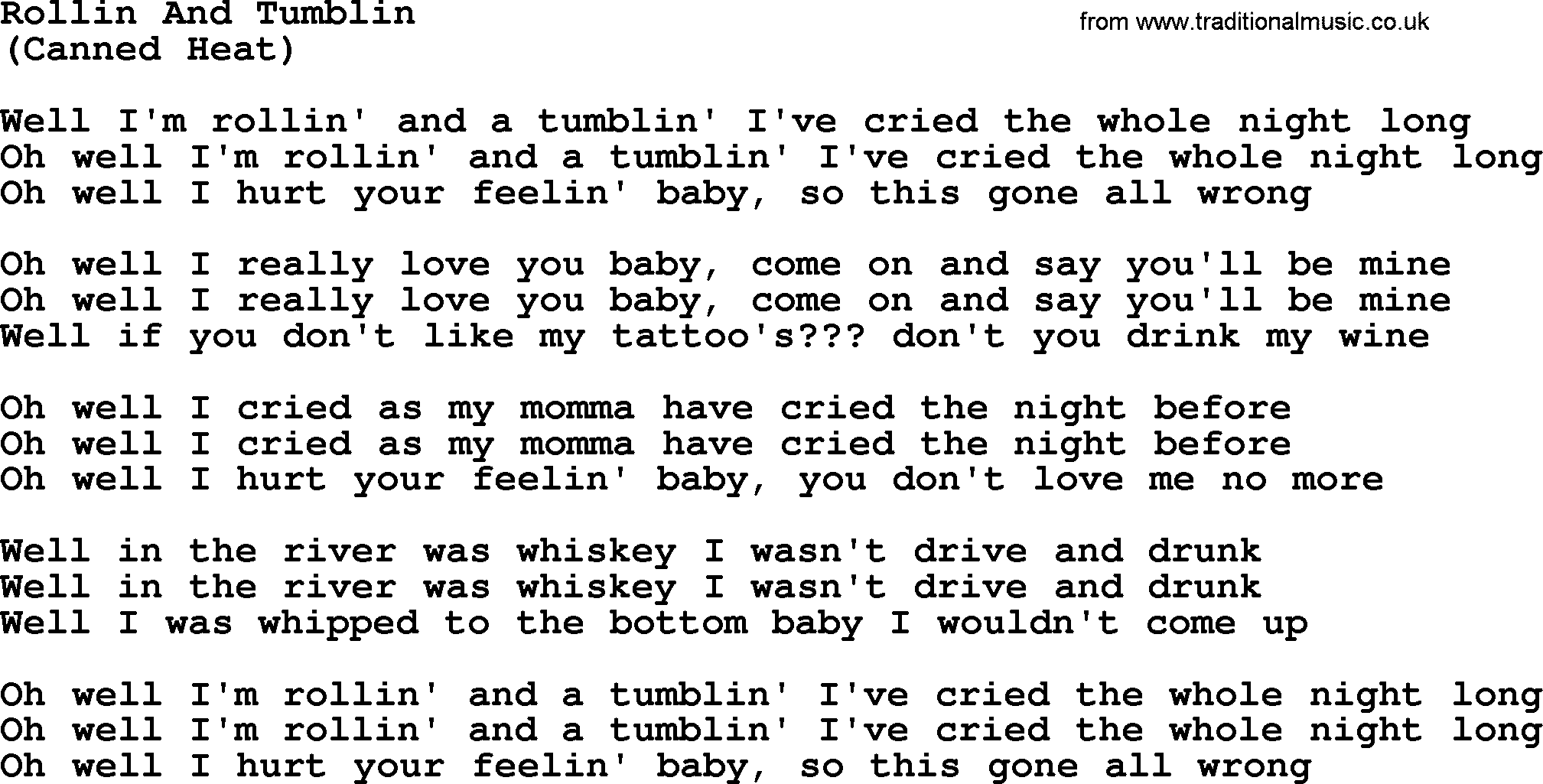 The Byrds song Rollin And Tumblin, lyrics