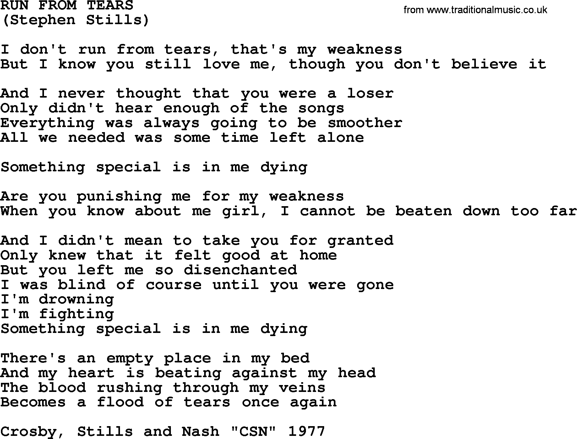 The Byrds song Run From Tears, lyrics