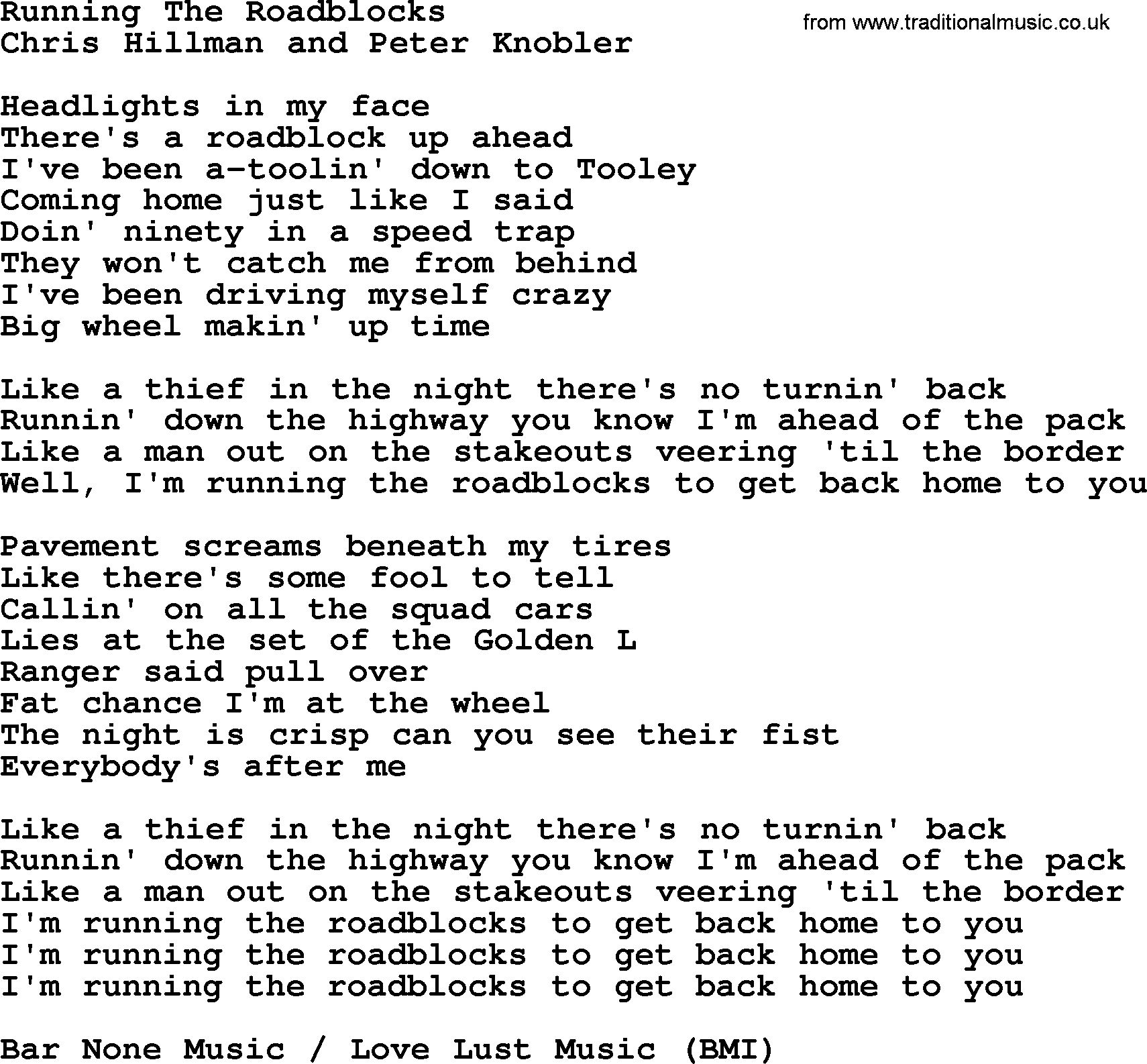 The Byrds song Running The Roadblocks, lyrics
