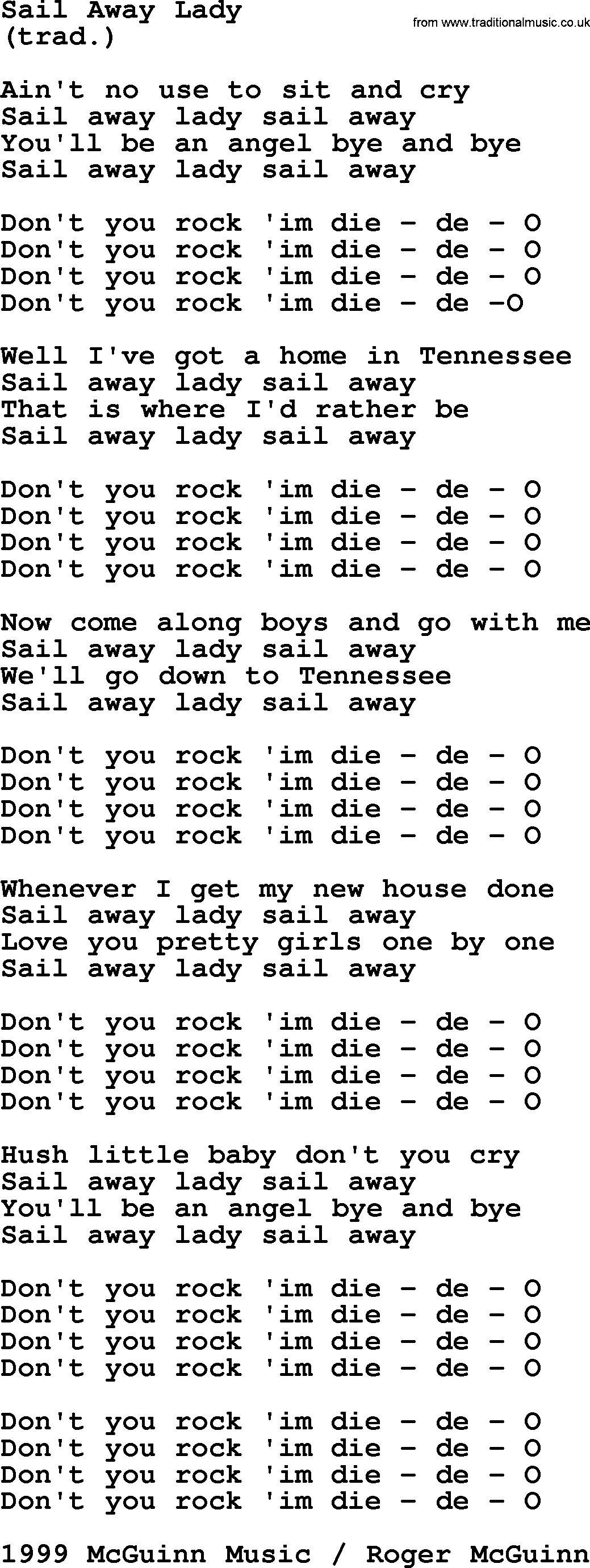 The Byrds song Sail Away Lady, lyrics
