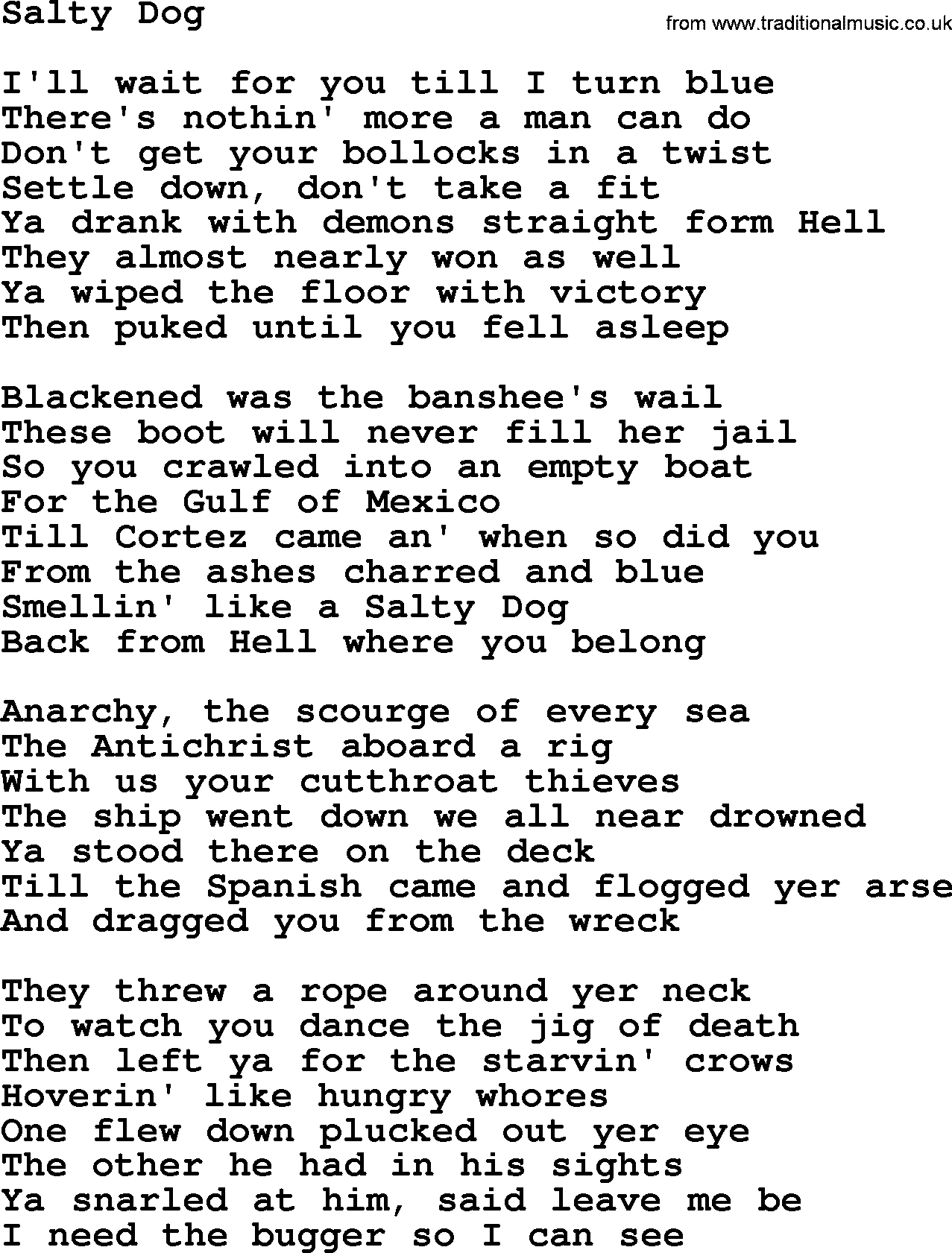 The Byrds song Salty Dog, lyrics