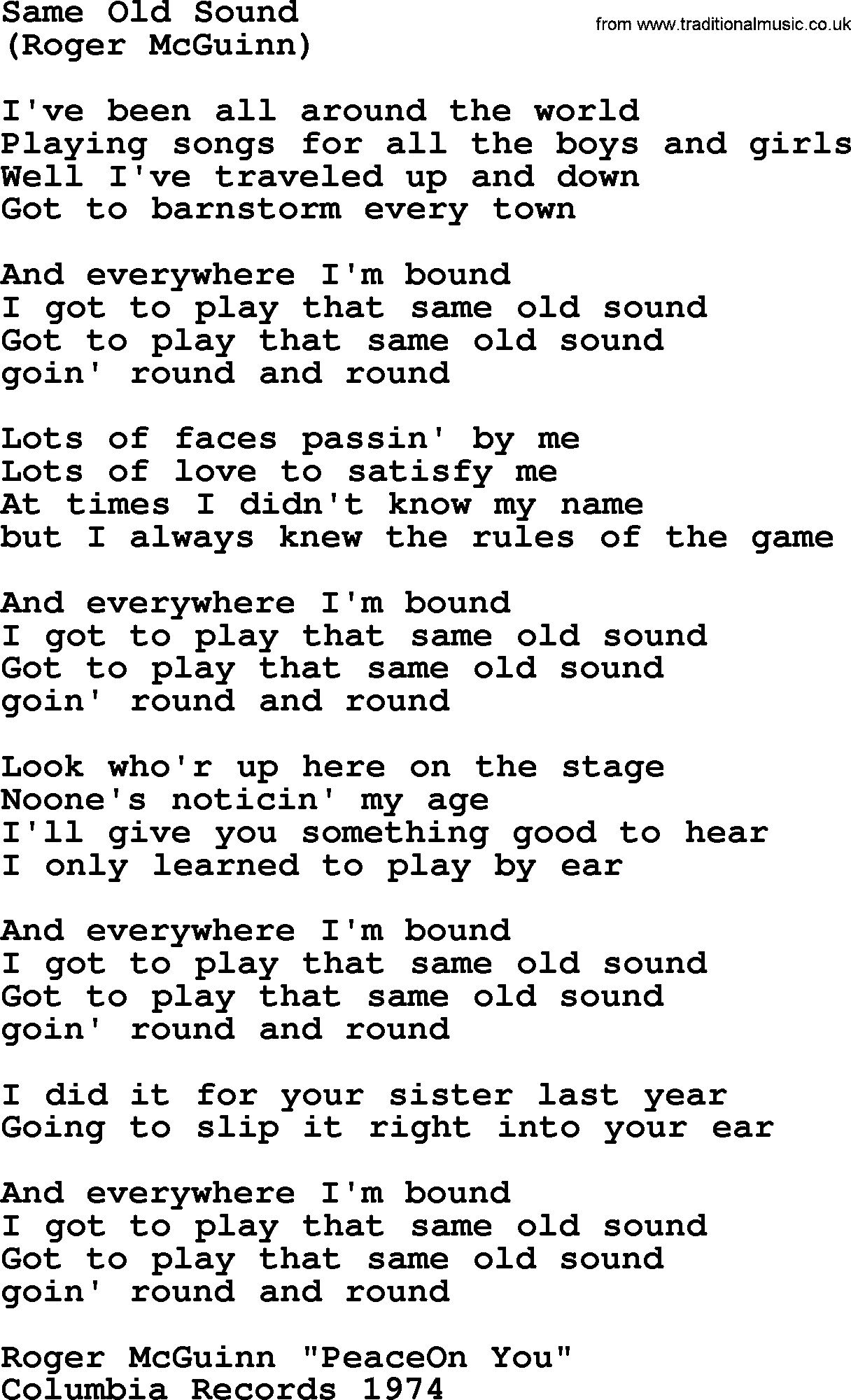 The Byrds song Same Old Sound, lyrics