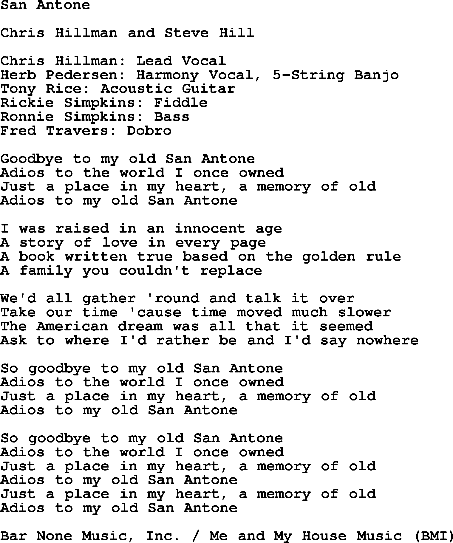 The Byrds song San Antone, lyrics