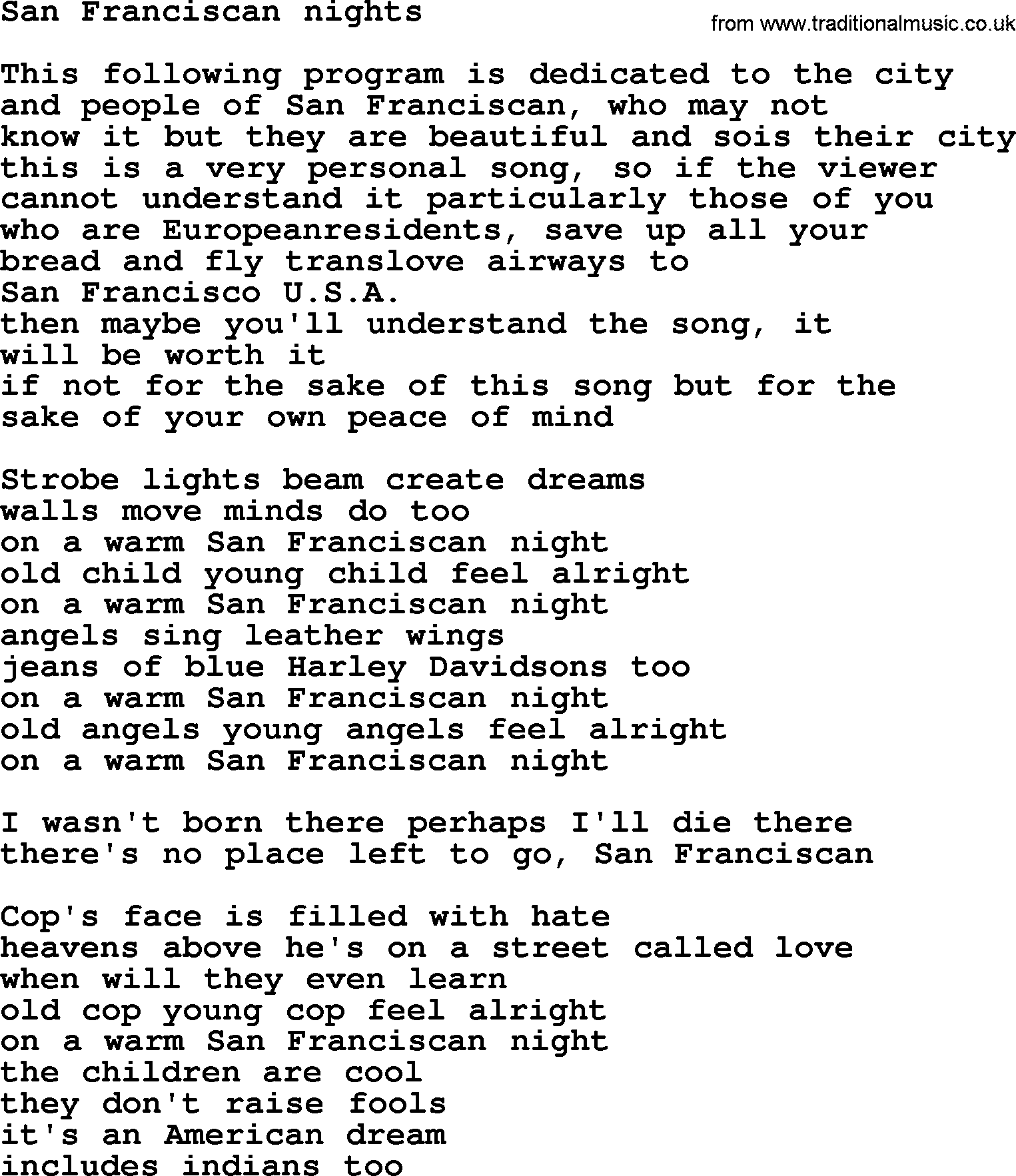 The Byrds song San Franciscan Nights, lyrics