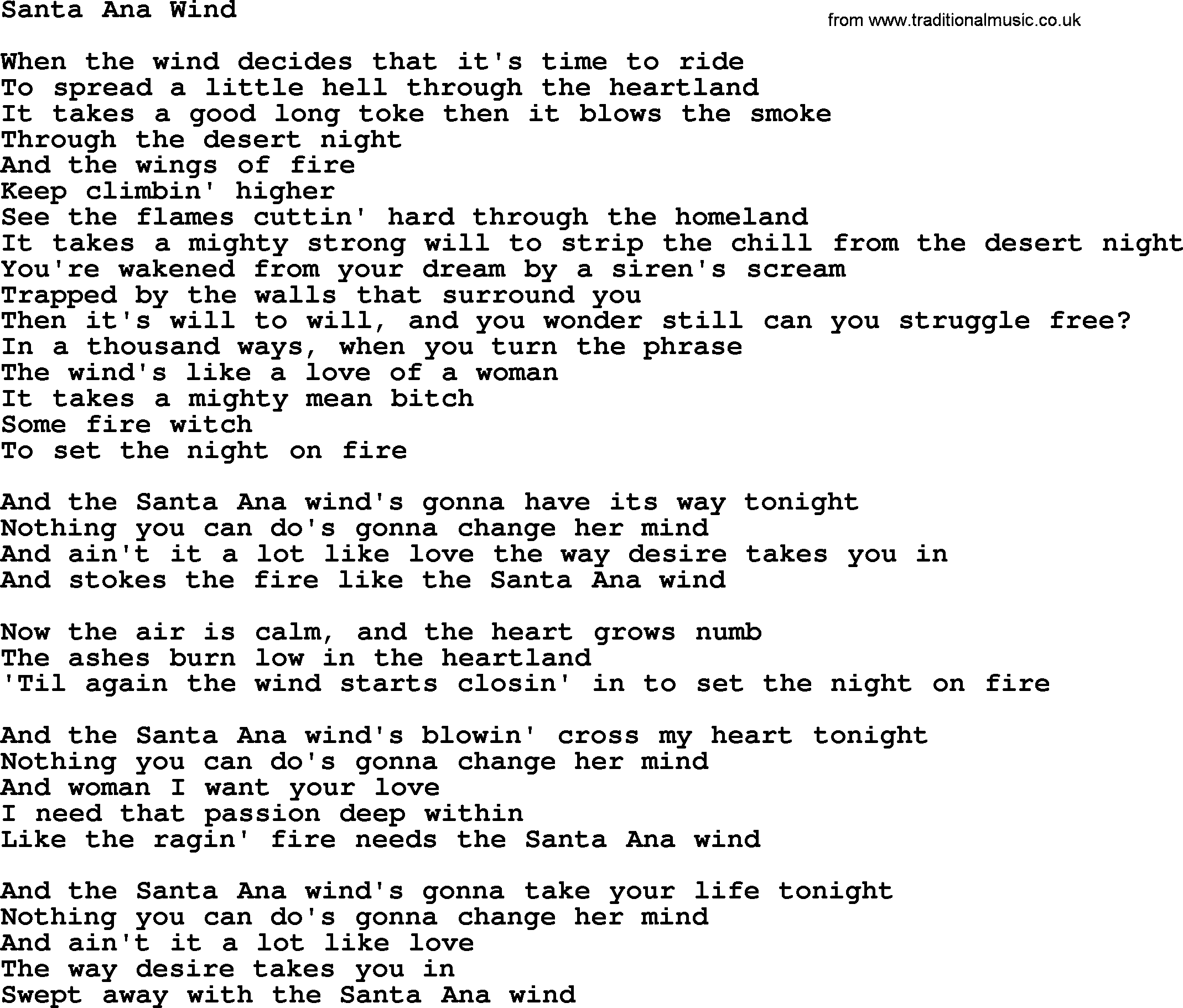 The Byrds song Santa Ana Wind, lyrics