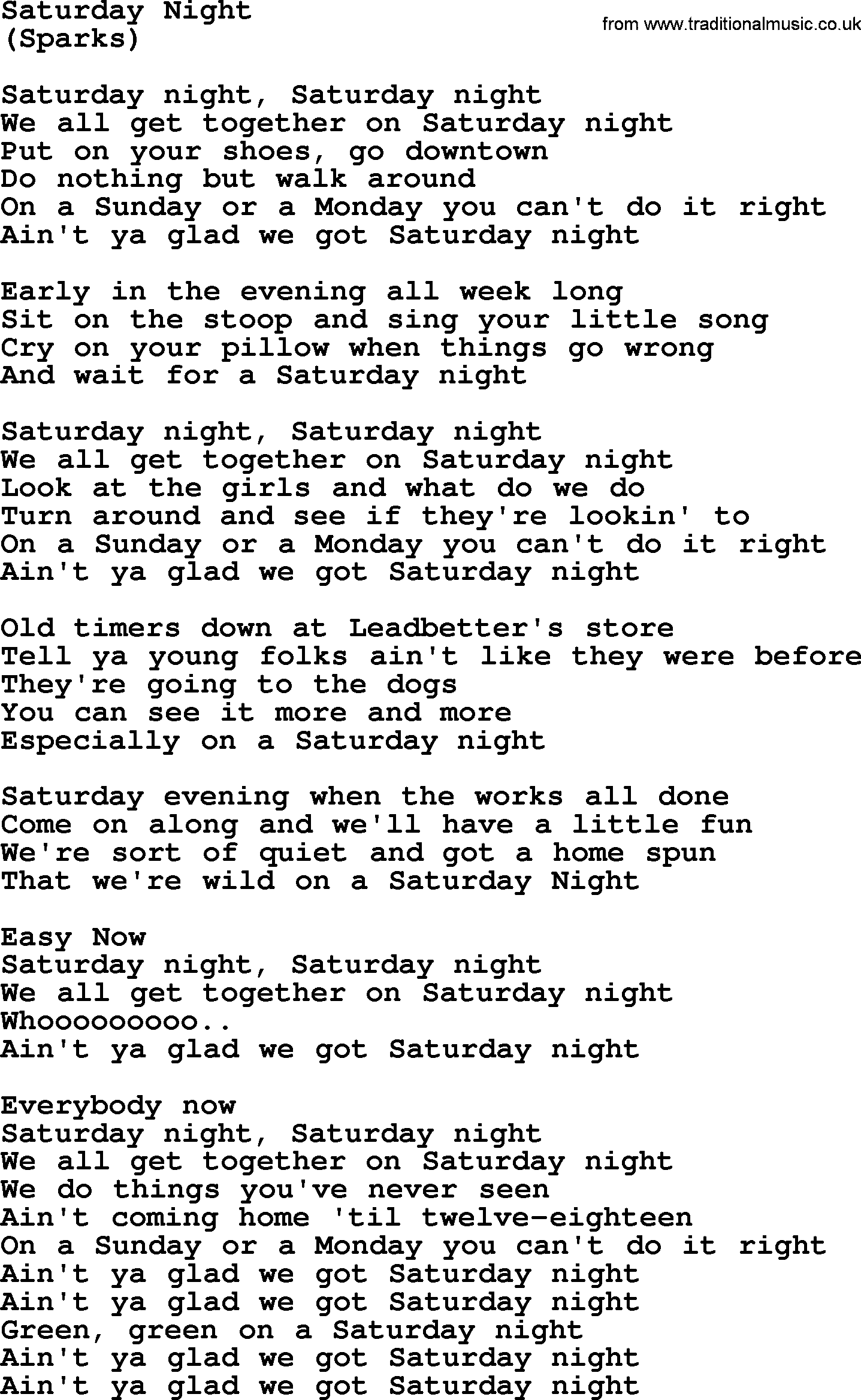 The Byrds song Saturday Night, lyrics