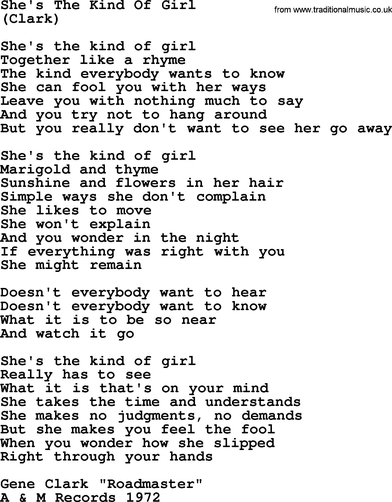 The Byrds song She's The Kind Of Girl, lyrics