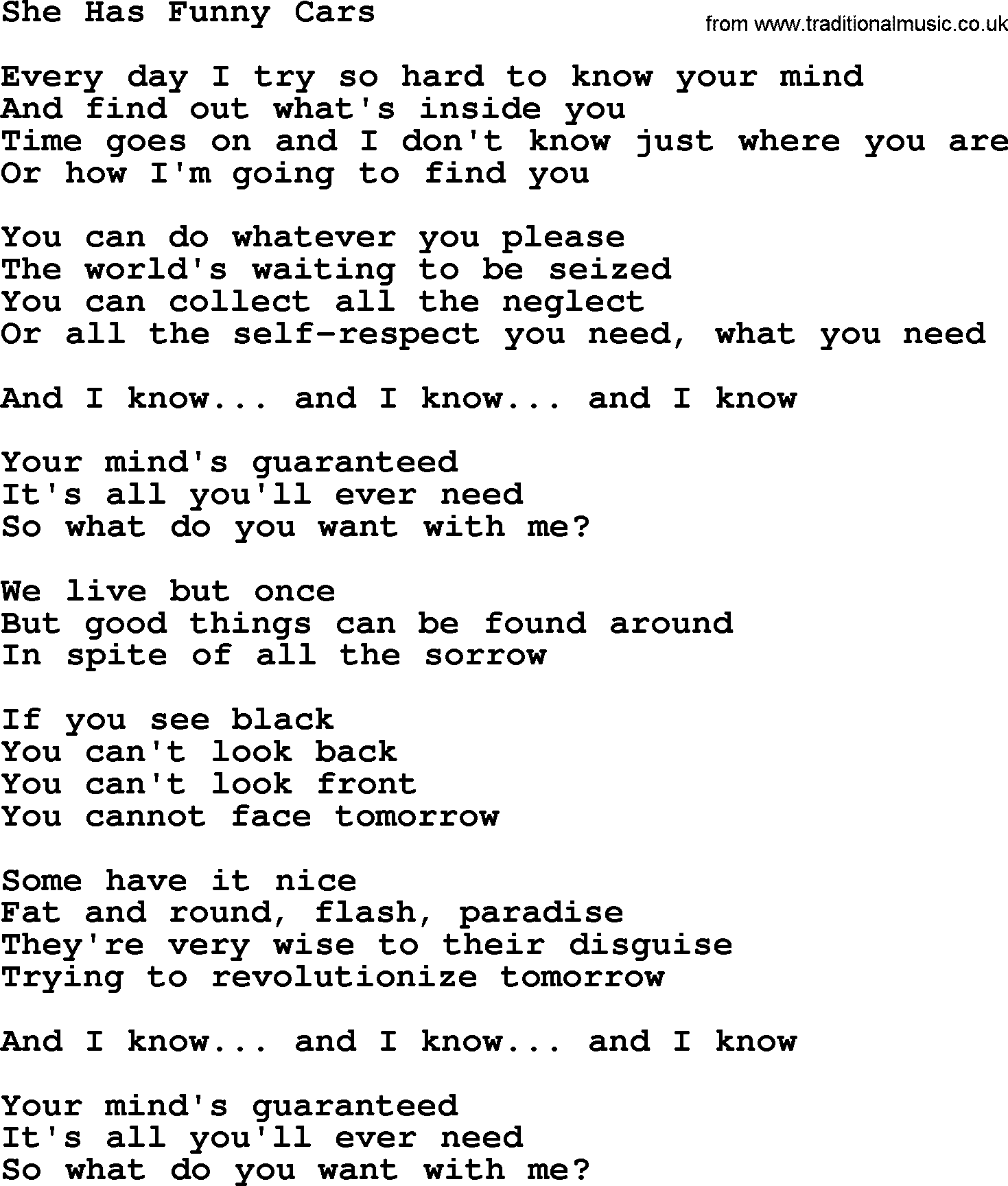 The Byrds song She Has Funny Cars, lyrics