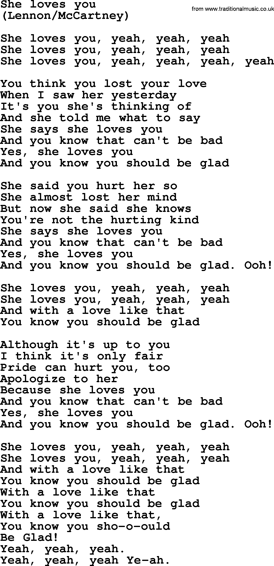 The Byrds song She Loves You, lyrics