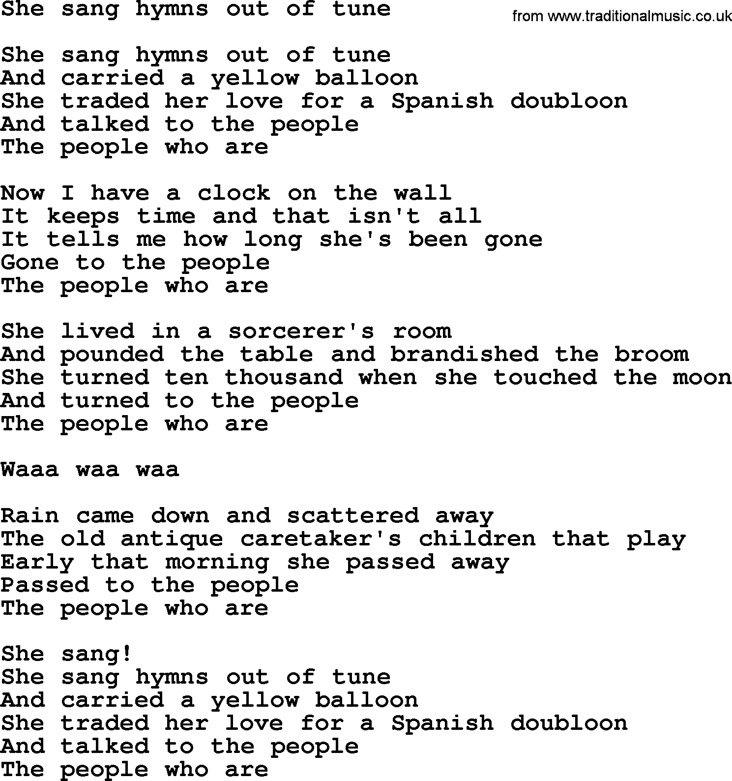 The Byrds song She Sang Hymns Out Of Tune, lyrics