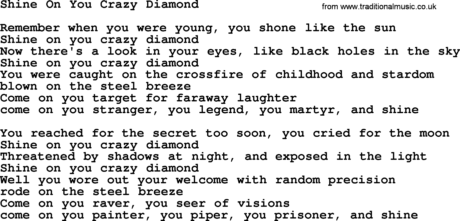The Byrds song Shine On You Crazy Diamond, lyrics