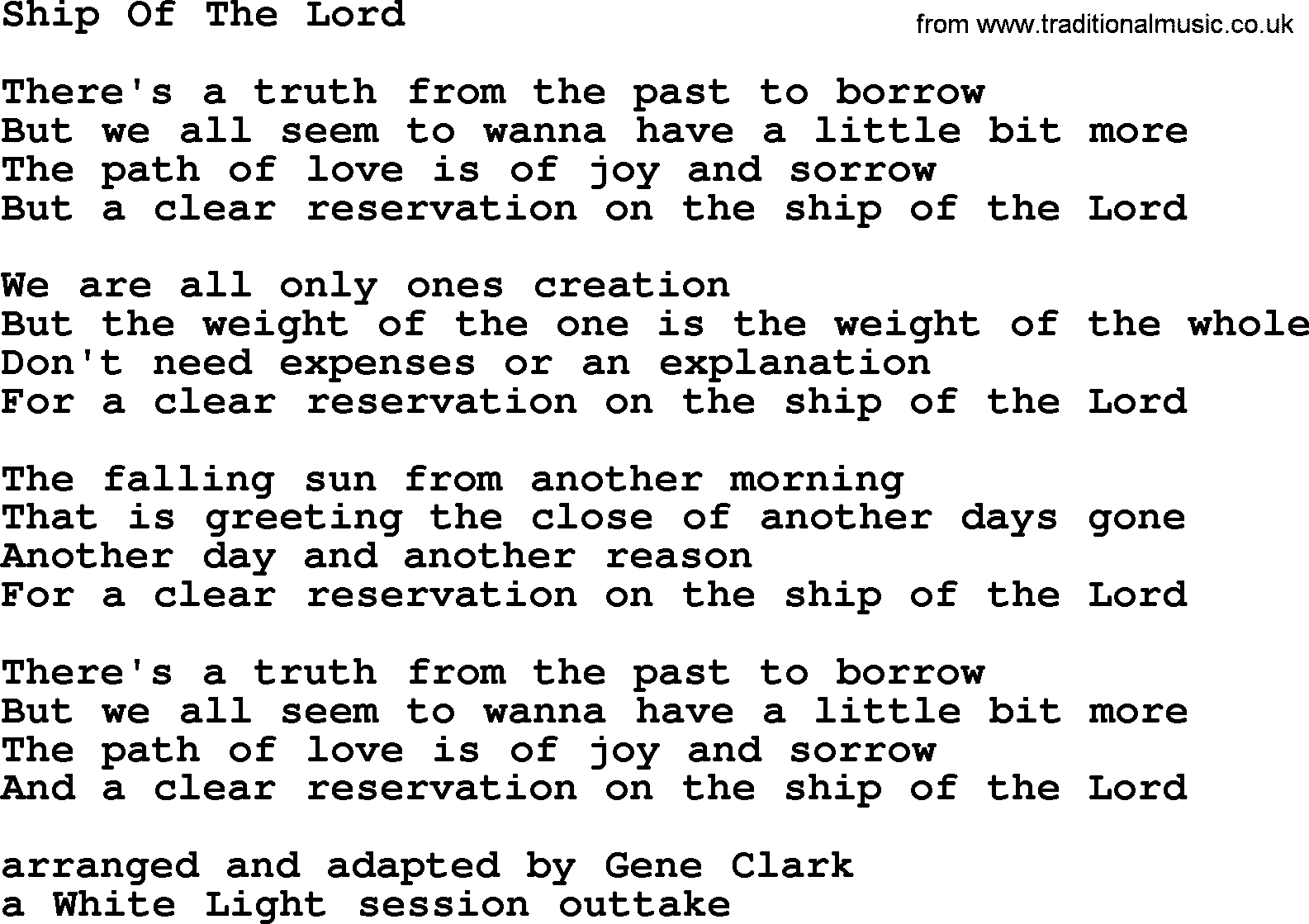 The Byrds song Ship Of The Lord, lyrics