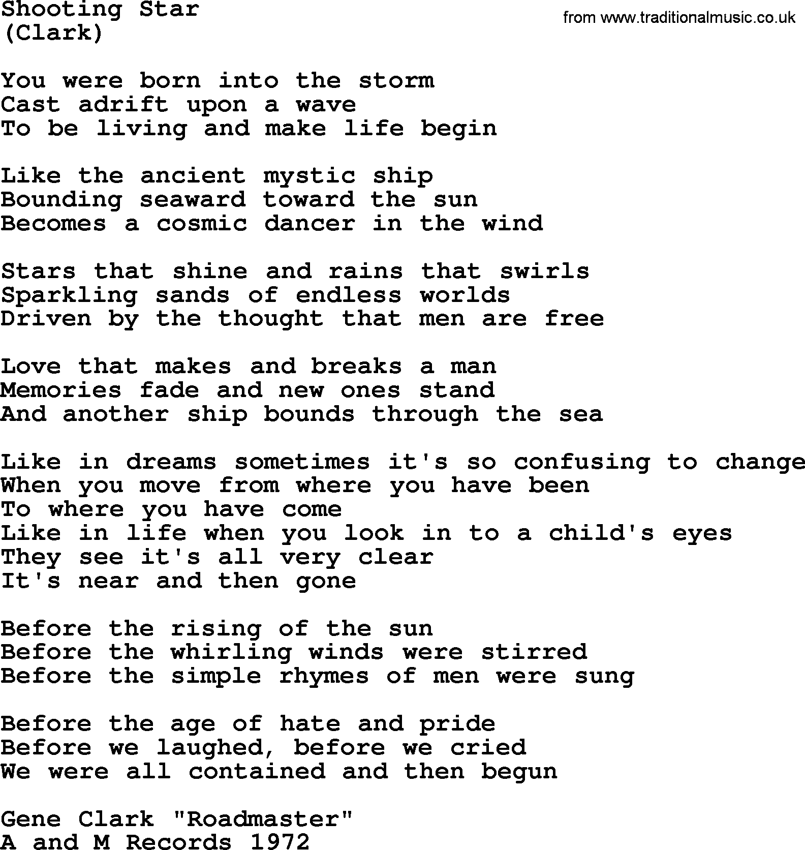 The Byrds song Shooting Star, lyrics