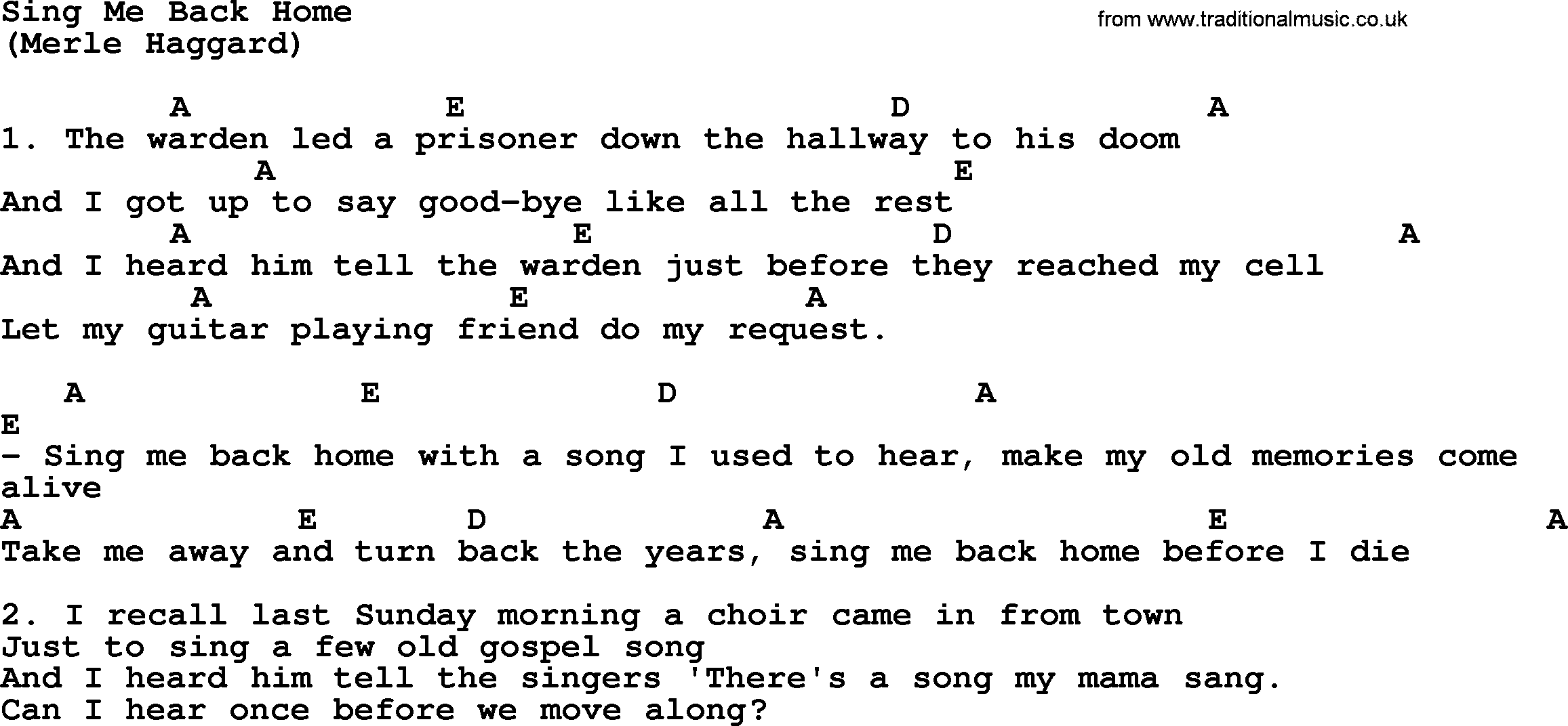 The Byrds song Sing Me Back Home, lyrics and chords