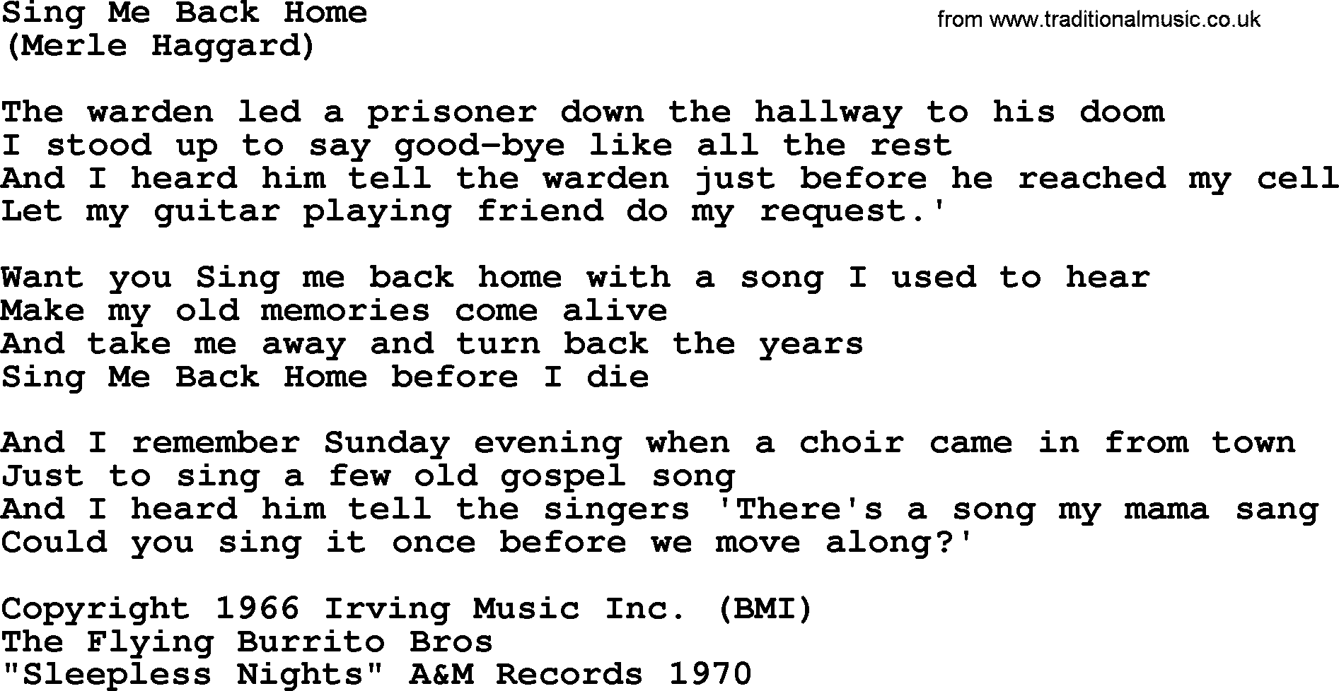 The Byrds song Sing Me Back Home, lyrics
