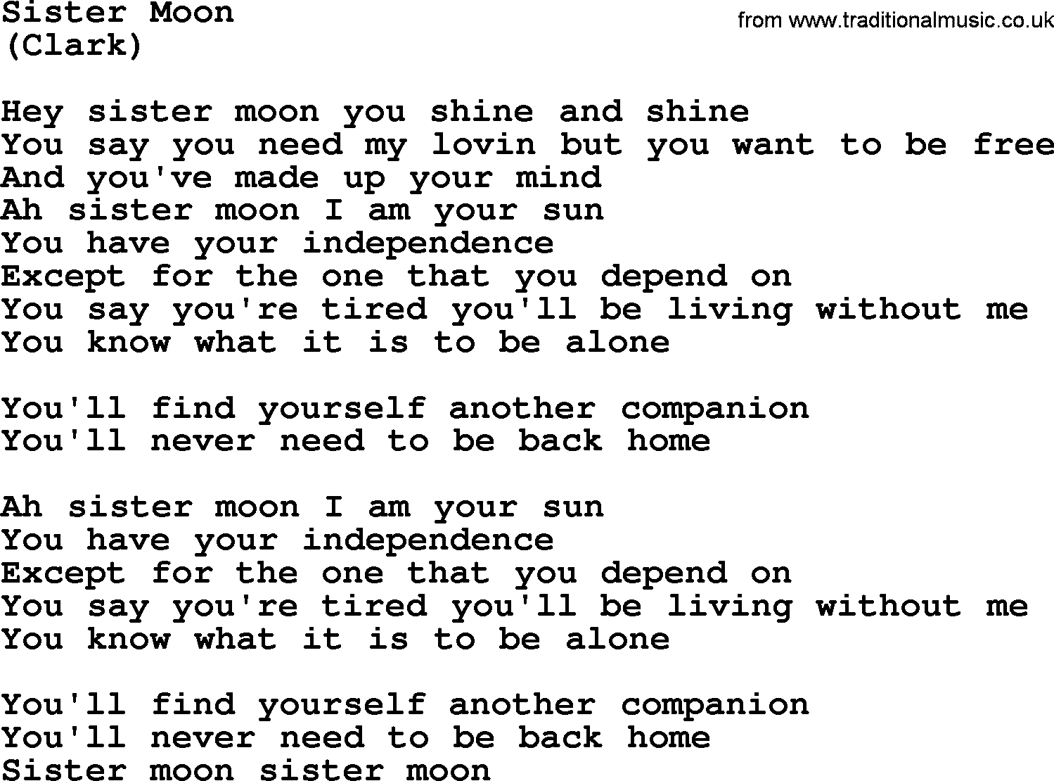 The Byrds song Sister Moon, lyrics