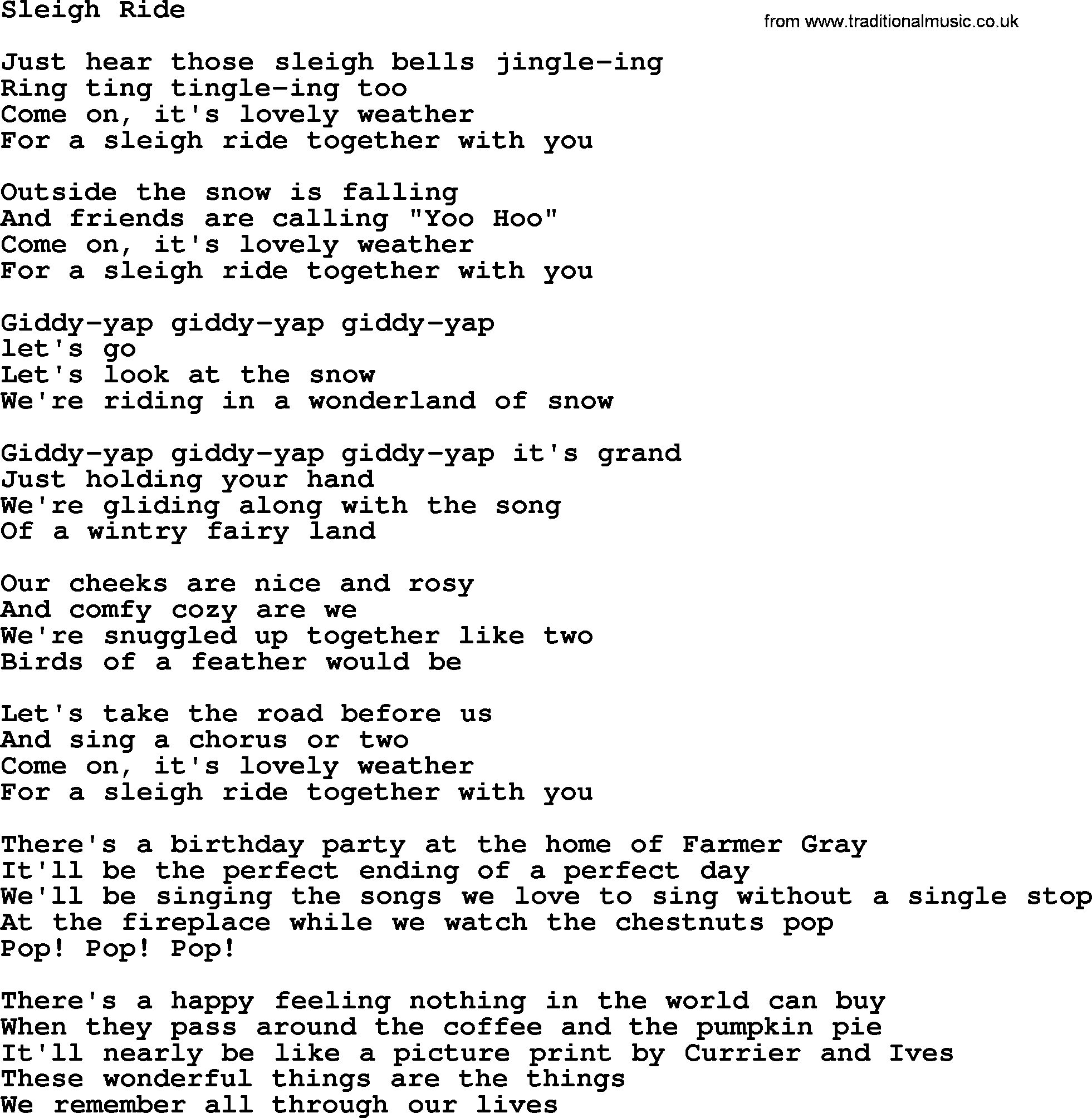 The Byrds song Sleigh Ride, lyrics