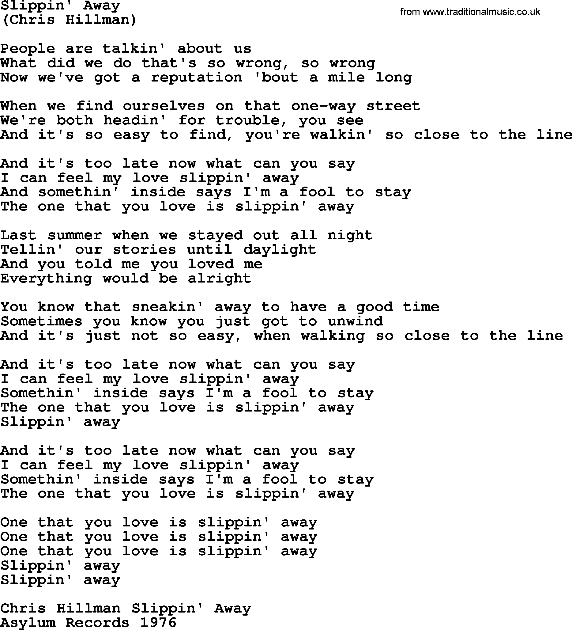 The Byrds song Slippin' Away, lyrics