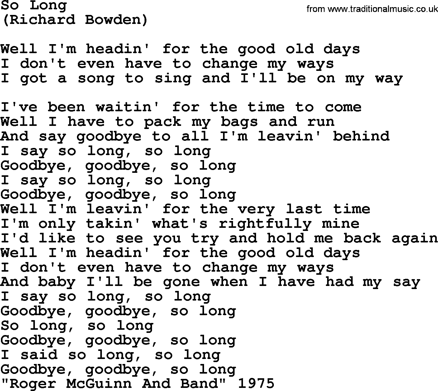 The Byrds song So Long, lyrics