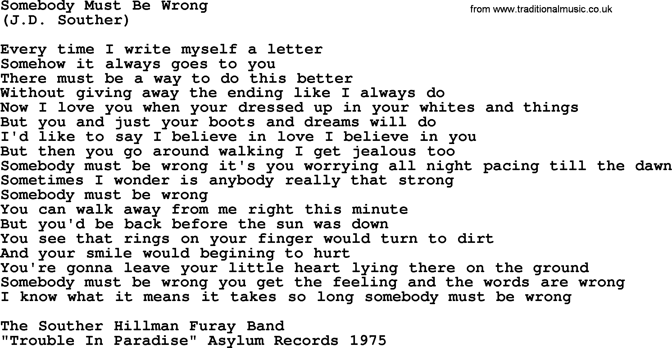 The Byrds song Somebody Must Be Wrong, lyrics