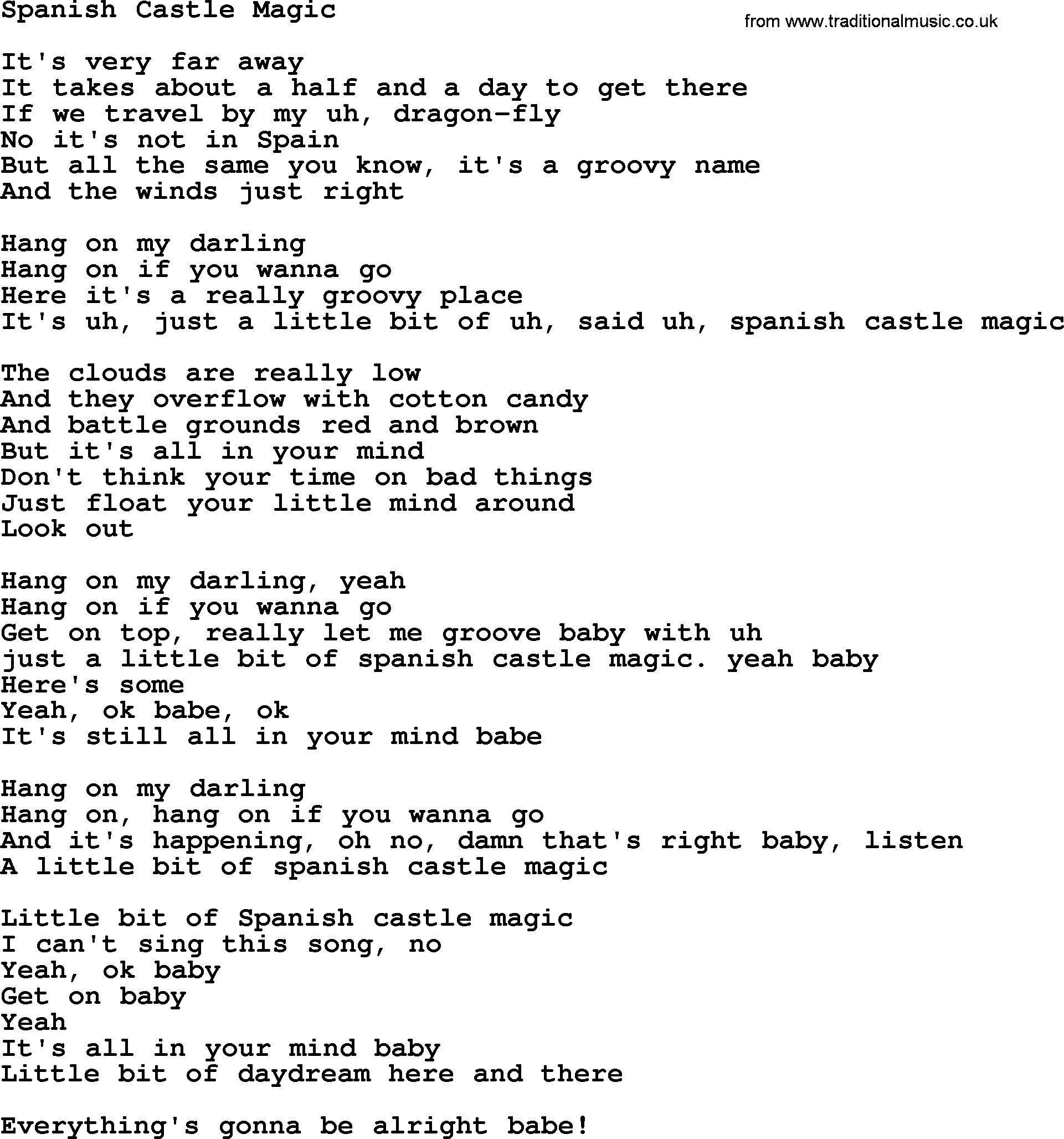 The Byrds song Spanish Castle Magic, lyrics