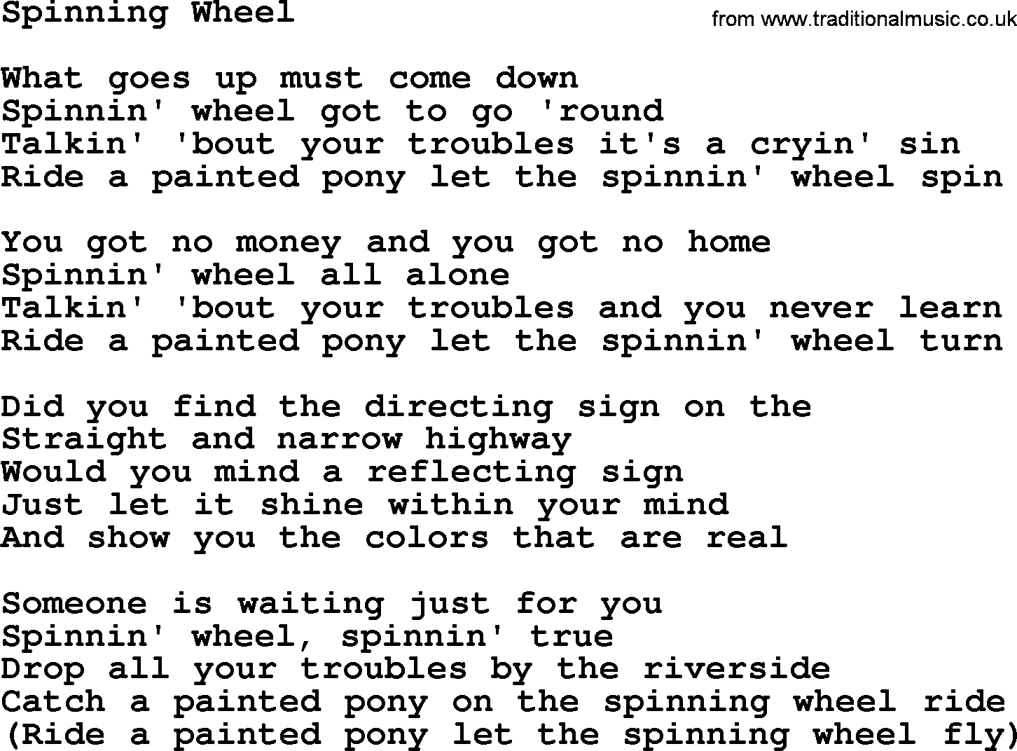 The Byrds song Spinning Wheel, lyrics