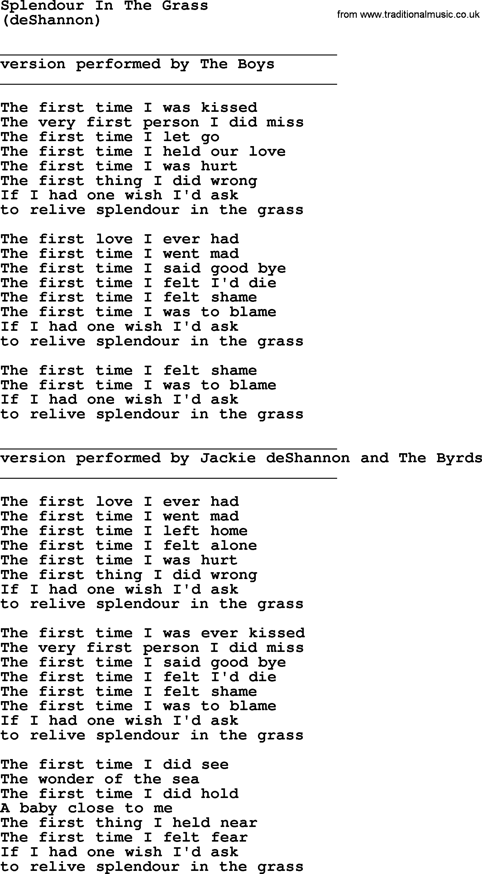 The Byrds song Splendour In The Grass, lyrics