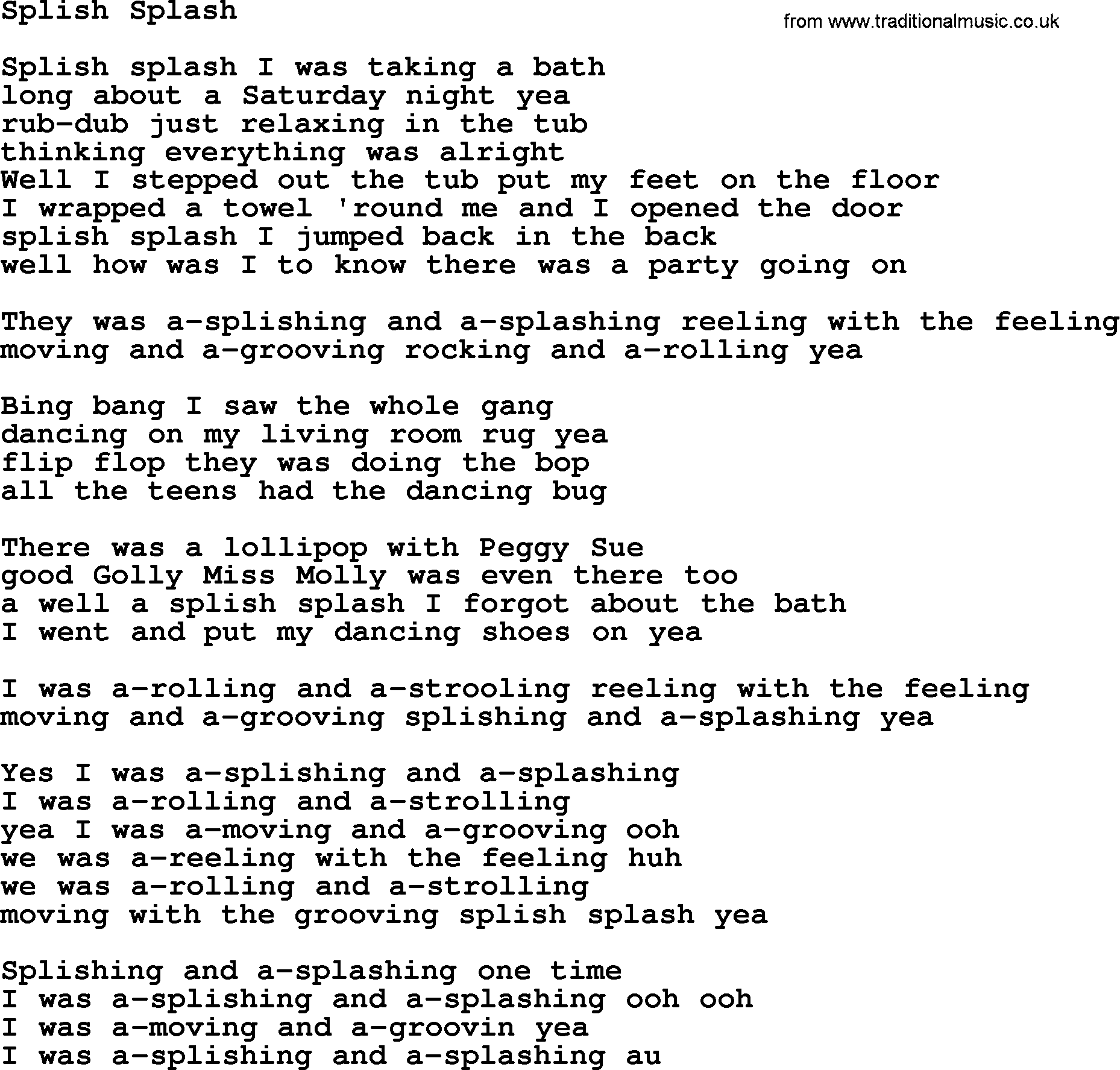 The Byrds song Splish Splash, lyrics